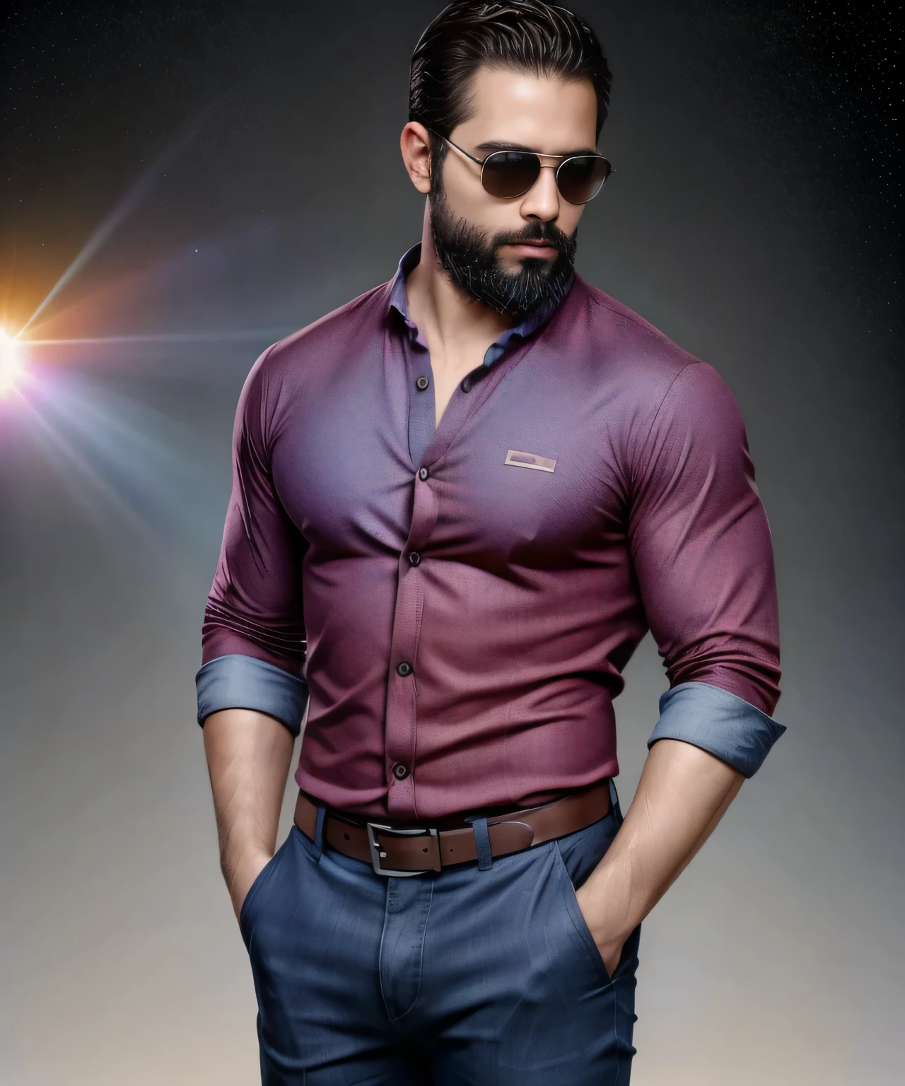 Obra maestra, desenfoque de campo, Parte superior del cuerpo, Hands in pants pockets, 38 year old man with beard and square sunglasses. Man wearing a shirt with a color gradient in the space movie with a solar  explosion in the background.