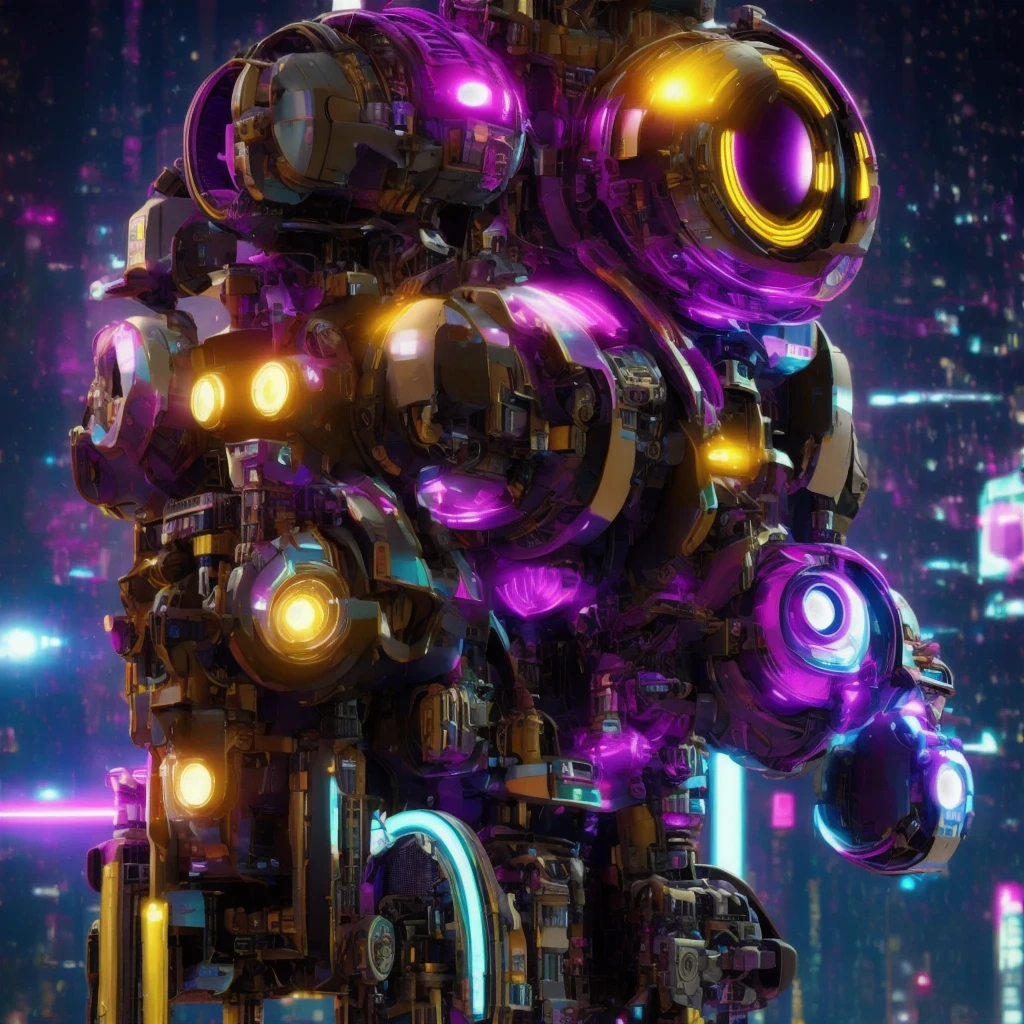 （（（Side view）））side close-up，a close up of a robot with a glowing head and a purple background, cyber mech, in style of beeple, cyberpunk pikachu, style hybrid mix of beeple, 3 d render beeple, cute elaborate epic robot, beeple masterpiece, cyberpunk art style, yellow mech, beeple!!, cyber steampunk 8 k 3 d（（（future）））（Telephoto angle of view）（Tilt-Shift）