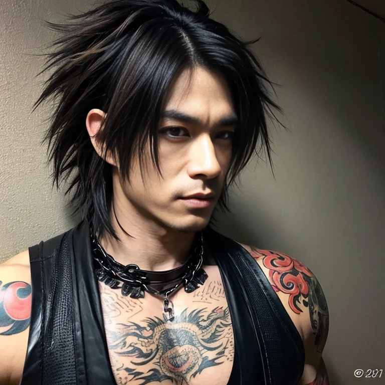 1 man, Japanese man, male, Asian eyes, muscular, broad shoulders, yakuza tattoos, hairstyle Visual Kei style, hair Visual Kei, black men's shirt and black pants, ultra detailed face, hyperrealistic, realistic representation, long hair, long hair, 30 years old, age 30 years, blonde hair