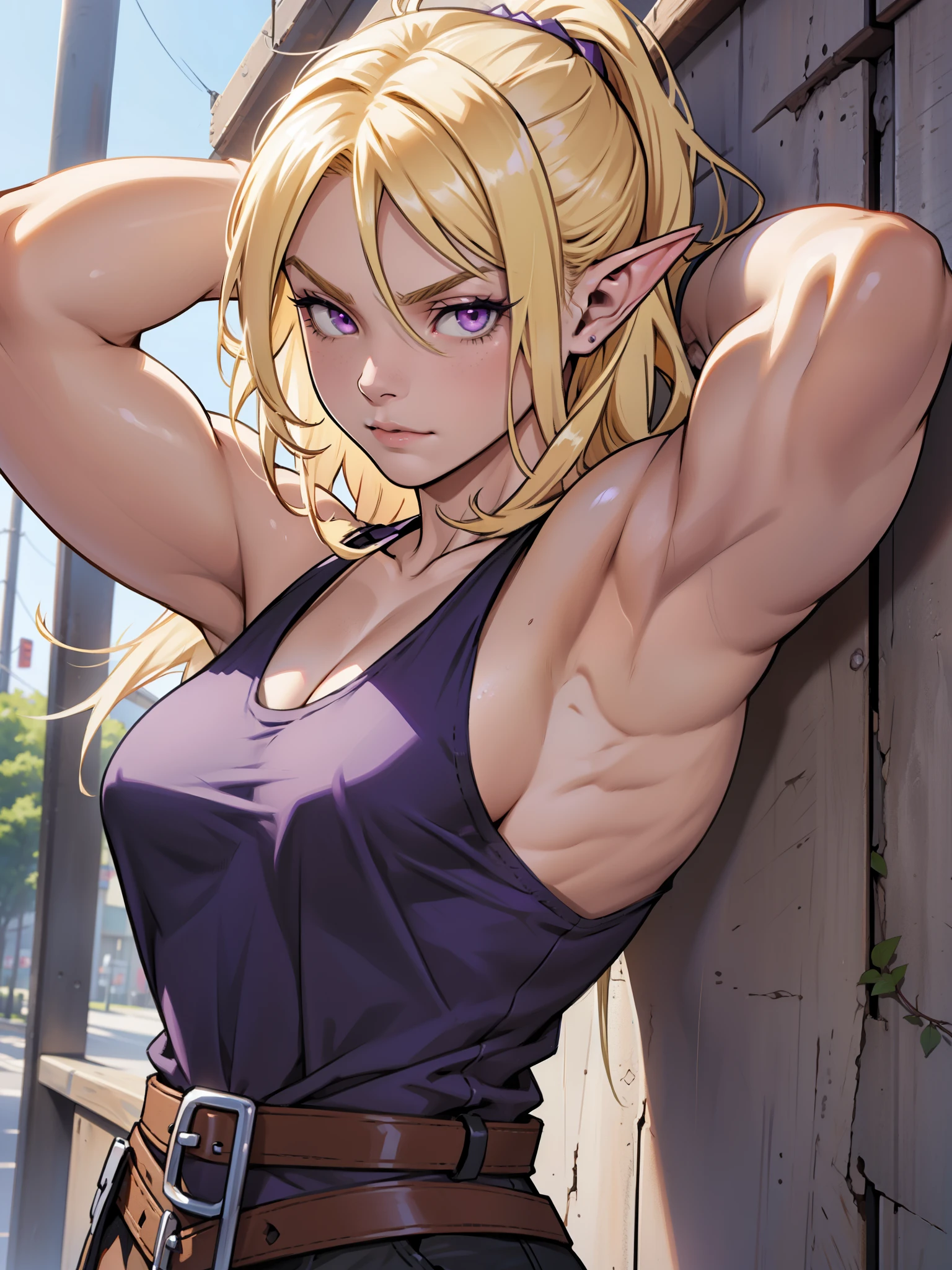 ((1 girl)), (solo), elf with pointy ears, (((muscular body))), purple eyes, blonde hair, long hair, average breasts, cowboy shot, wearing a black tank top