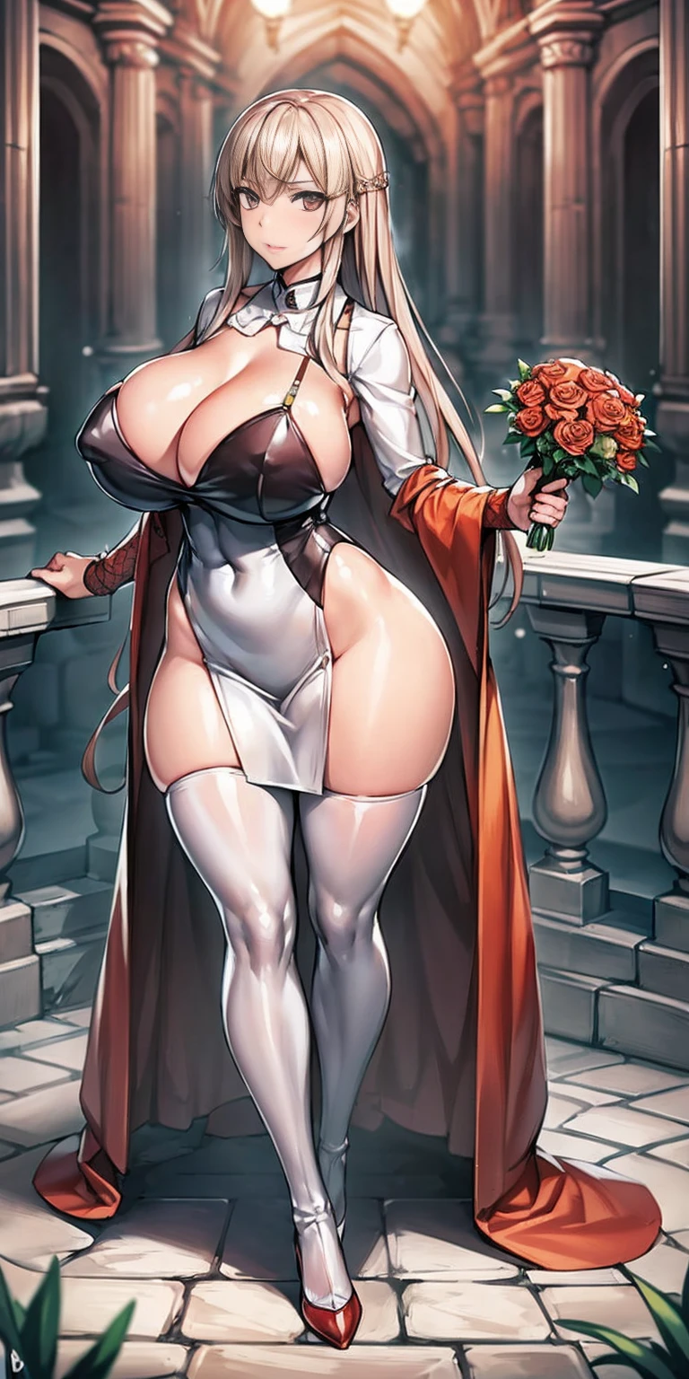 FEMALE, big breasts, voluminous breasts, curvy breasts, mesh stockings, standing with a bouquet (red roses), full height, bottom view, best quality, very detailed, ultra 8k resolution,huge breast, coat , vest, long skirt, portrait, full body, victorias clothing, long dress, knight, pants, black skinn suit, medieval city, plants, vest,polo shirt, forest, long skirt