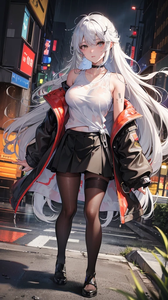 actual, Japanese cartoons, 1 girl,Bangs, Double tail, long hair, small breasts, Off the shoulders, white hair, rainbow hair, Oversized T-shirt, White T-shirt, Beautiful breasts、huge breasts:1.4,plump breasts,black, bare legs, thigh, split, clavicle, (Extremely detailed CG unified 8k wallpaper, masterpiece, best quality, Super detailed, best shadow), (masterpiece:1.2, best quality), Eyes are very red, Sweat, soft body, Lovely, arm strap, thigh strap, Multi-colored eyes, external, outdoor, rain, night, wet cloths, permanent, permanent in the rain, wet hair, wet skin, see through, (downpour), Destroyed buildings, messy ground, Bullet casings on the ground, dust, Wound, walk, Jacket, Tactical uniform, military equipment, (night), white pantyhose, wet thighs, ((lotion)), from behind, (wet), skirt, skirt, , happy, happy expression, thighs, from below, horizon, \(arms\)