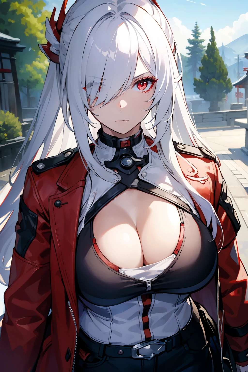 (best quality:1.3), (masterpiece:1.3), (illustration:1.3), (ultra-detailed:1.3), (mid shot:0.9), 1girl, white hair, (((large breasts))), red eye, long hair, ((hair over one eye)), serious expression, ((red jacket)), long sleeves, open clothes, long pants, mature, 30 years old, outdoors, alpha, Japan, Japanese, upper body,