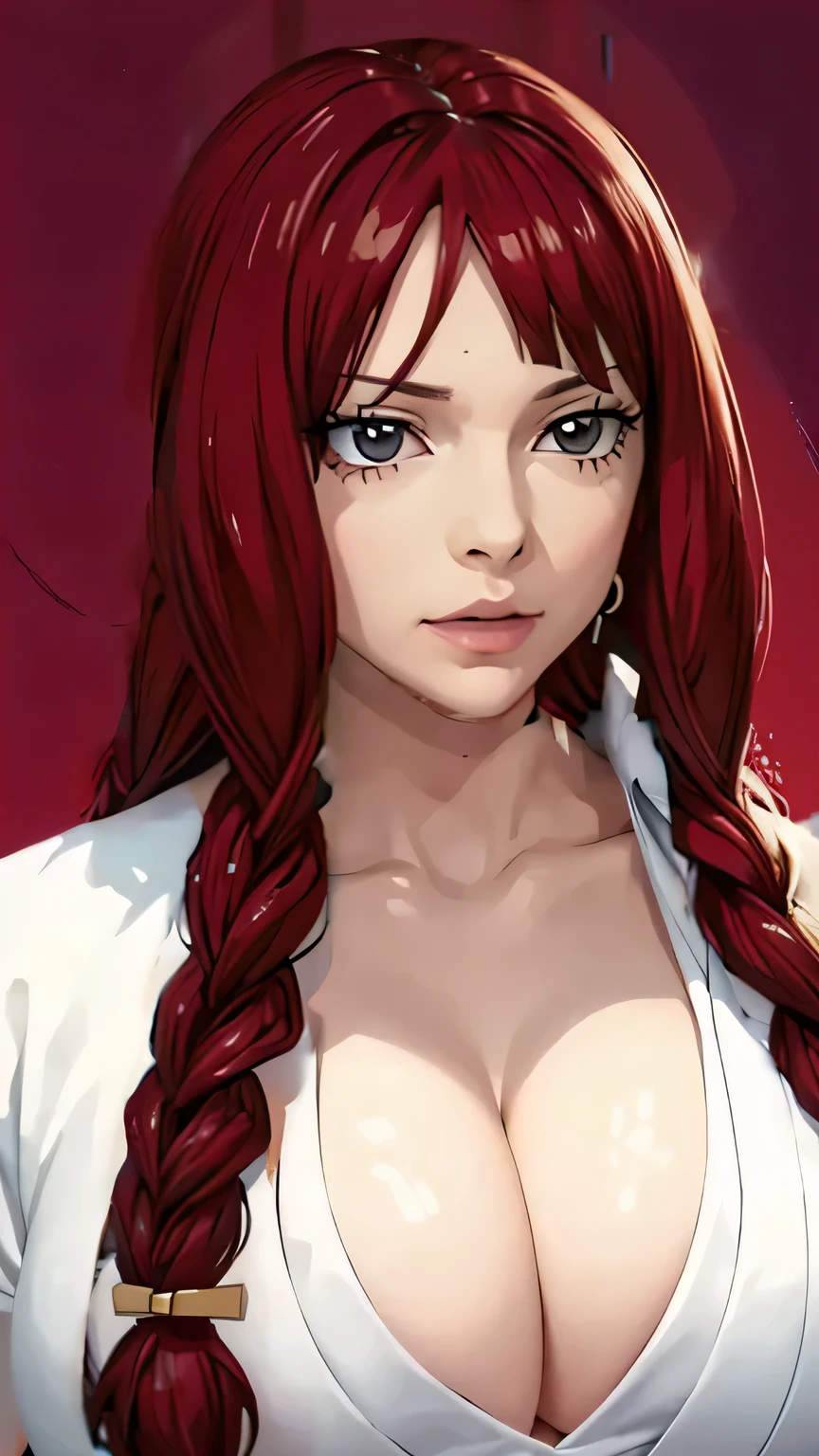 woman,grey eyes,scarlet hair,Two thick braids,Naked