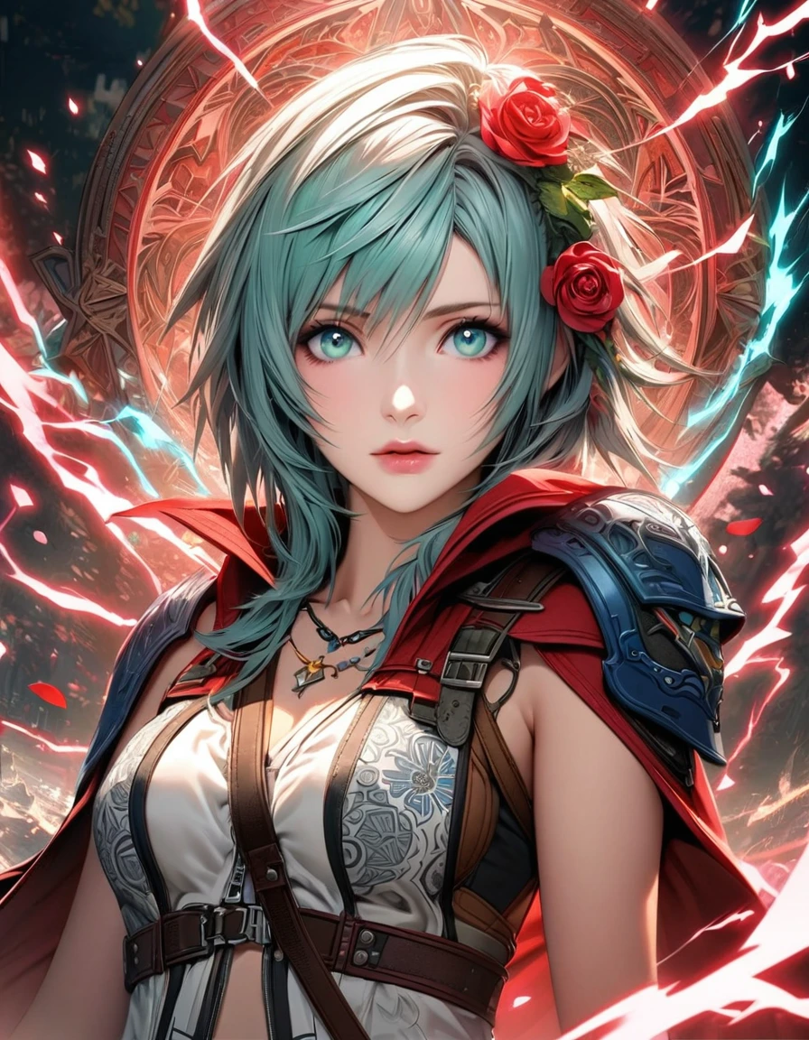 Ultra detailed, highres, absurdres, HDR, Claire Farron, wavy rose pink short hair, pale aqua eyes, Final Fantasy XIII, extremely beautiful, 1 woman only, white clothes with patterns, red cape, red Lightning, flowers and petals, very detailed face and eyes,