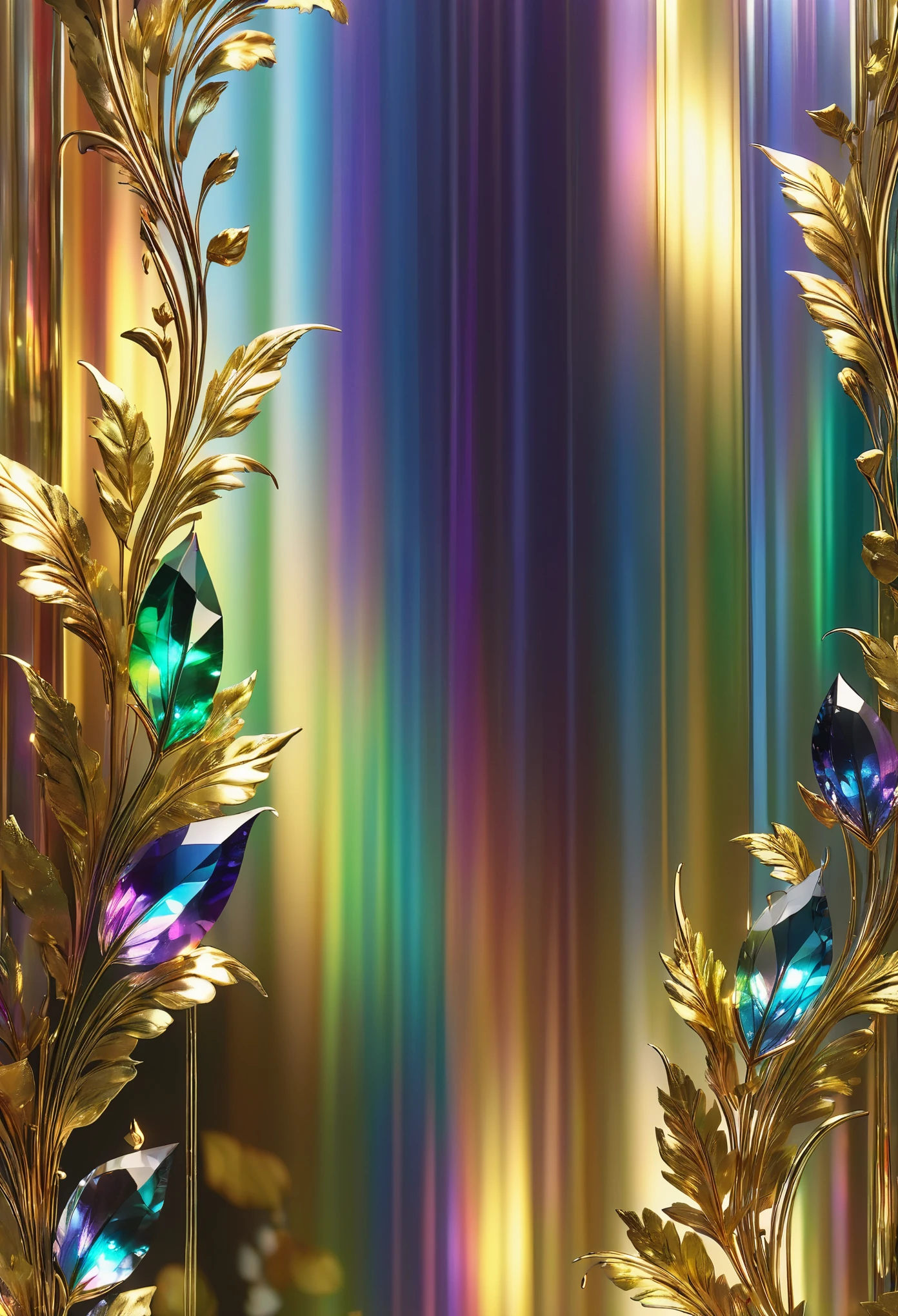 best quality, super fine, 16k, RAW photo, photorealistic, incredibly absurdres, extremely detailed, delicate, flashy and dynamic depiction, the translucent gemstone pillars, the iridescent rainbow-colored light reflecting off the screen, and the (gold leaf:1.3) curtains hanging from them swaying in the wind, wind, wind-effect, (motion-blur:1.5), blend art, mixture art, design art