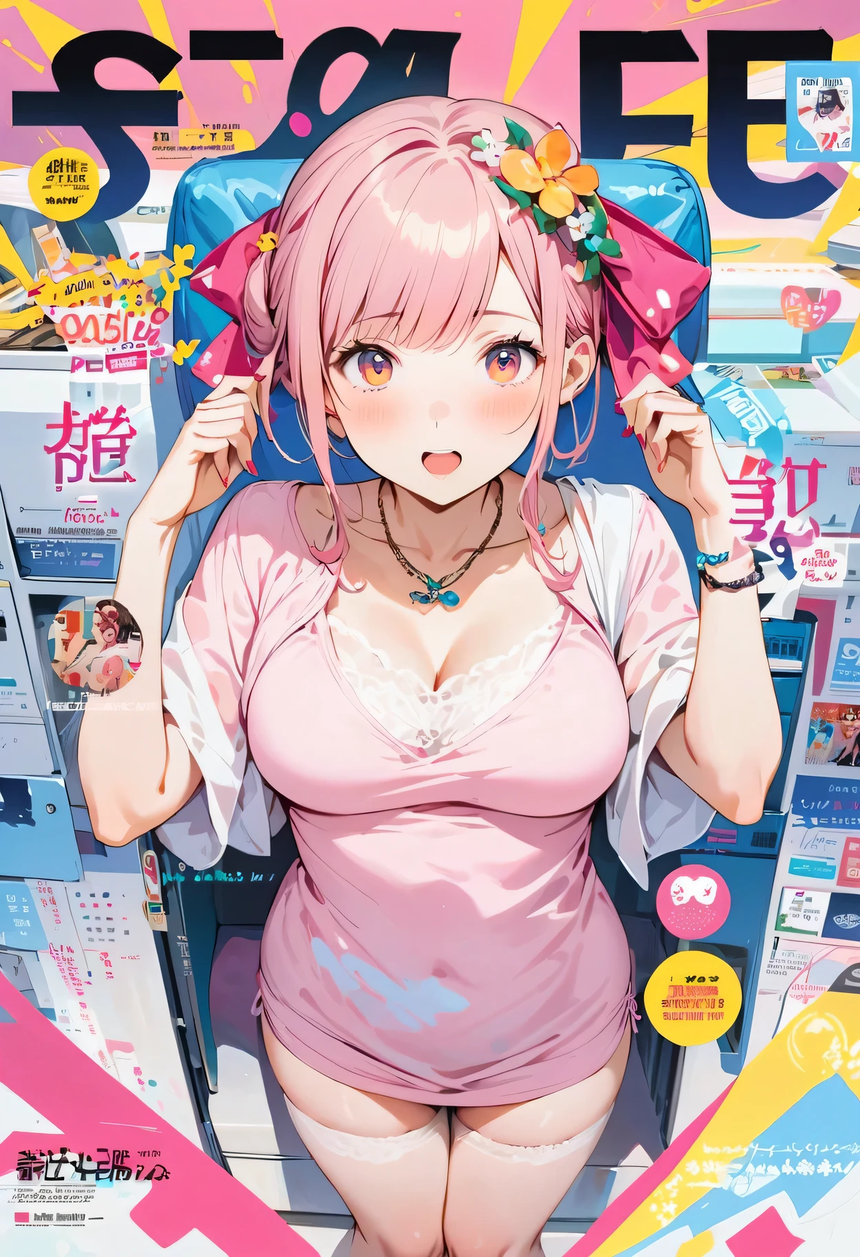 magazine cover:hair accessories,Adult full body photos of the late night convenience store lady,necklace,masterpiece, best quality,surreal,8K