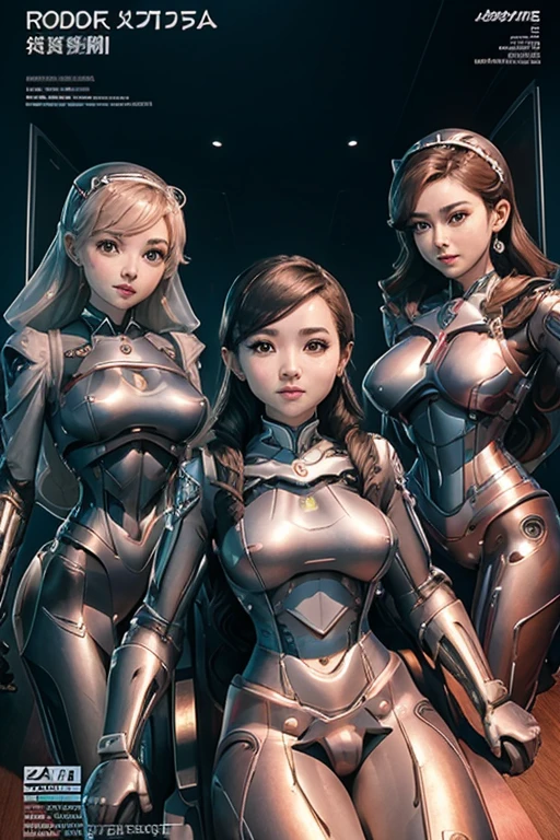 A robot mother and two teenage robot daughters on a magazine cover, Everyone has a pretty face and remains a cute human being., All of them have been modified from the bottom down into rockets., Bright colors, High resolution, realistic depiction, ビクトリア朝Mr.式, Looking forward, Bonds of love, Mr.々Frame with a simple shape, enchanting smile, beauty of nature, professional lighting, modern style, artistic composition, Victorian beauty, professional lighting, modern style, artistic composition