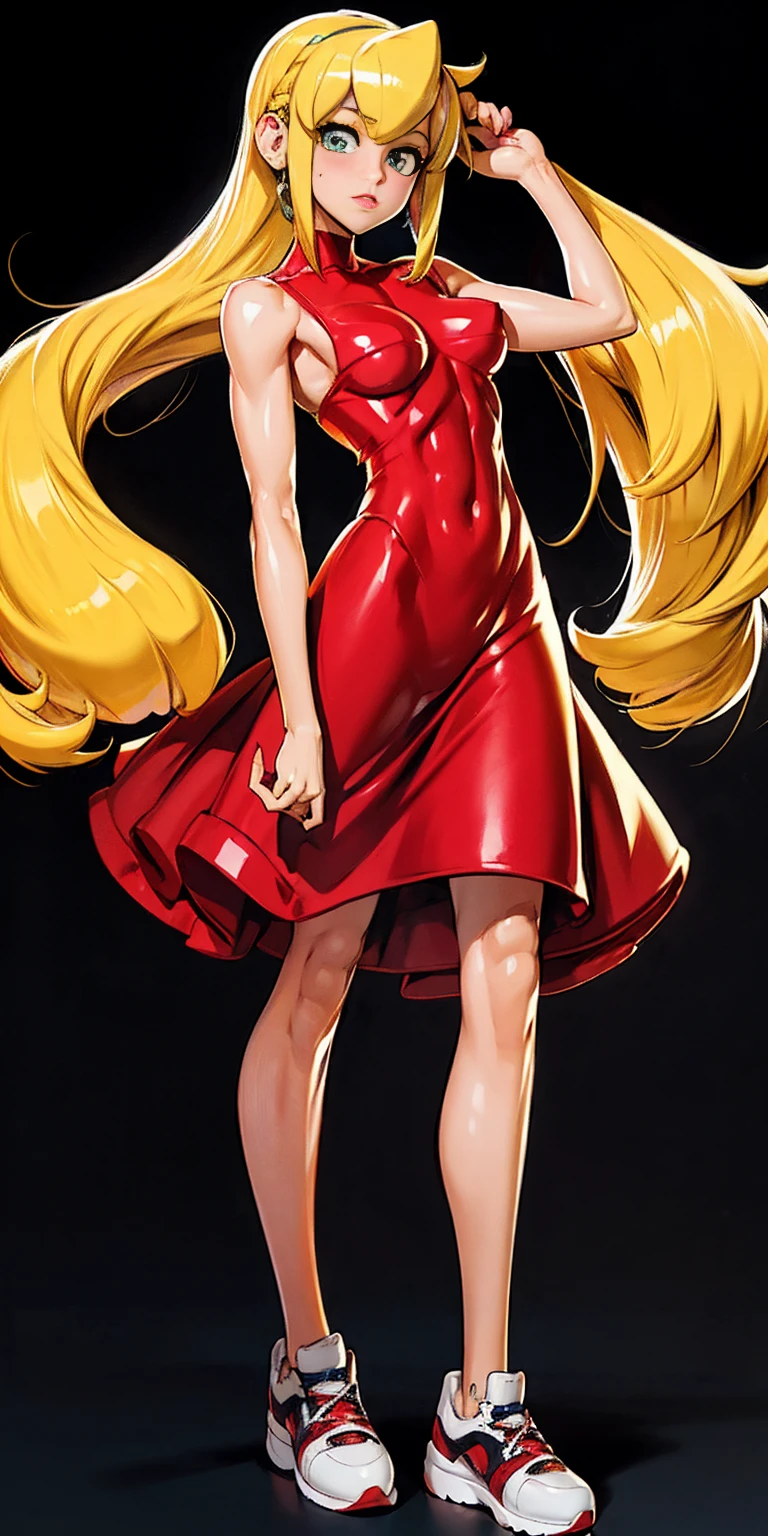 Generate an illustration of a mature Roll, gym leader of megaman , (red dress), hd, holding  all,  de terno preto, long blonde hair, long ponytail, hair bangs, fringes, shiny hair, (small breasts:1.2), black top, buttons, outfit in anime format with a serious style, sneakers, make up, masterpiece, dark lighting, black background, puffy lips,(slendered abs), beautiful face,