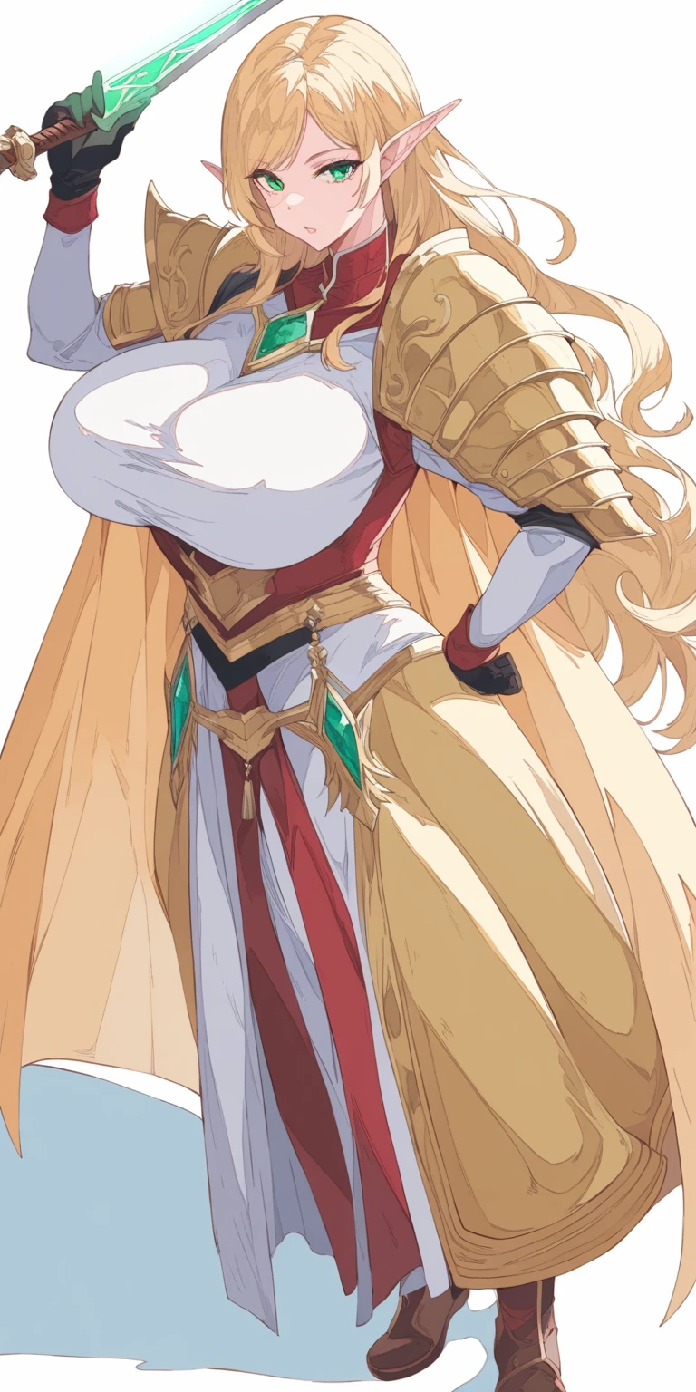 masterpiece, bestquality, ultra-detailed,
flat design, ligne claire, photorealistic,
cinematic lighting,
depth of field,
flat angle of view,
eye level shot,
1girl,
(fullbody),
front view,
looking at viewer,
A female elf warrior, named Eliana Skywalker, age 24, with long wavy golden hair and shining emerald green eyes. She stands at 170cm with a slender muscular build, her ears are pointed, characteristic of her race. She is the Hero and Guardian of Light, brave, just, and compassionate. She speaks calmly and gracefully, using polite language. Her interests include studying ancient history and practicing swordsmanship. She is attracted to those with a strong will. Her costume consists of armor that seems to glow with light, adorned with a blue and gold cloak. She carries a magical sword and wears a pendant that is an ancient artifact. Her background is that of being chosen as the Guardian of Light in a world where dark forces have awakened, embarking on a journey to reclaim a lost kingdom and maintain peace.,
gigantic breasts,
(standing pose),
(white background),