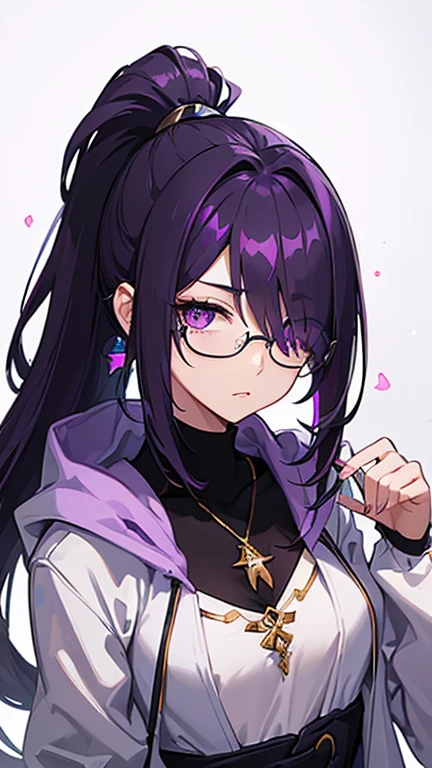 (Super detailed:1.3), ((((best quality)))), ((masterpiece)), (alone), female focus, solo, ((black hair)), (glowing eyes:1.2), (((hair over right eye:1.5))), glasses, long hair, (hair over one eye), ((white jacket:1.1)), partially unbuttoned, ((purple scarf)), ((small breasts)), square rim glasses, fingerless gloves, ((purple streak in hair)), (denim jean pants), (asian skin:1.4), ((purple eyes)), hotify, prettify, stunning beauty, powerful glow, no background, ((cocky expression:1.4)), ((fantasy:1.4)), ((ponytail:1.3)), long bangs, hands behind head, black shirt, purple gem necklace