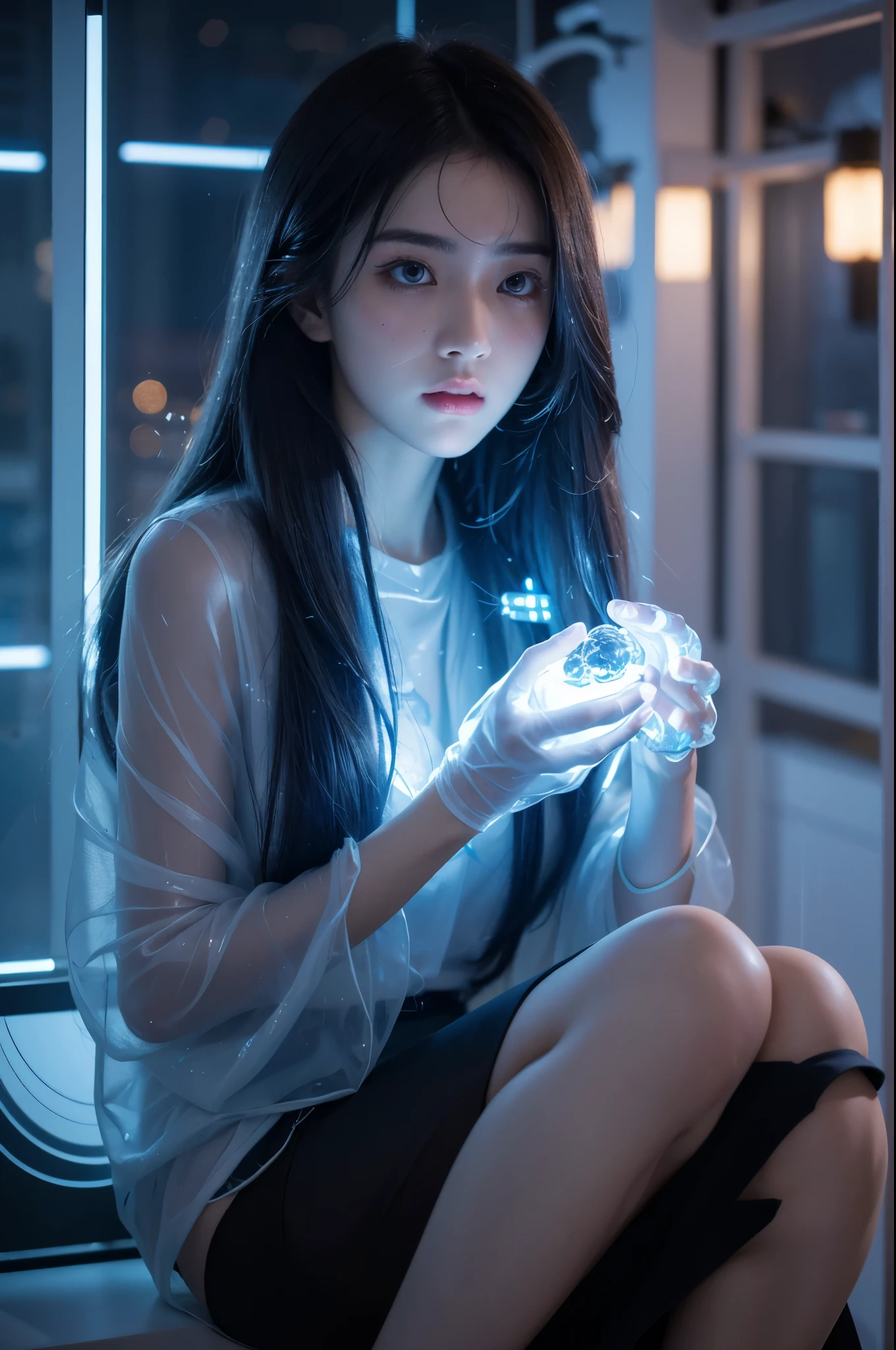8K,(looking at camera), master's work, complete figure, focusing on calves, 18 years old, wearing transparent science fiction clothes, exquisite faces, details, hands, ultimate details, amazing magnificent, LED internal lighting, Cyberpunk style, fiber fiber hair , Glowing blue iris,