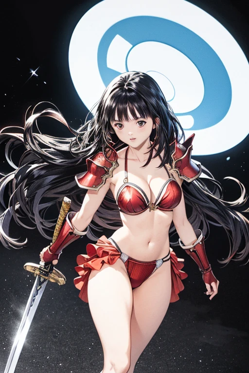 (8K、top-quality、masterpiece:1.2)、(realisitic、ultra-detailliert、超A high resolution、1 girl,beautifull detailed face,perfect body,((layered hair,long black hair)),((daytime)),Constriction、(Slim waist) :1.3)、Beautiful detailed skin、Skin Texture、Floating hair、Professional Lighting,stately mansion,(Whole human body:1.0),long shot,,(red metal bikini armor:1.3), cleavage, fingerless gloves, navel, pelvic curtain, thighs, (holding sword:1.3),(holding round shield:1.5),serious