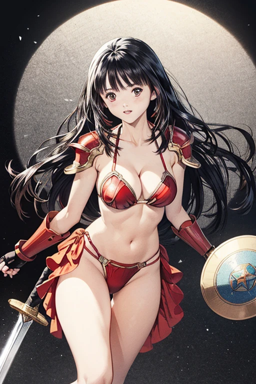 (8K、top-quality、masterpiece:1.2)、(realisitic、ultra-detailliert、超A high resolution、1 girl,beautifull detailed face,perfect body,((layered hair,long black hair)),((daytime)),Constriction、(Slim waist) :1.3)、Beautiful detailed skin、Skin Texture、Floating hair、Professional Lighting,stately mansion,(Whole human body:1.0),long shot,,(red metal bikini armor:1.3), cleavage, fingerless gloves, navel, pelvic curtain, thighs, (holding sword:1.3),(holding round shield:1.5),serious
