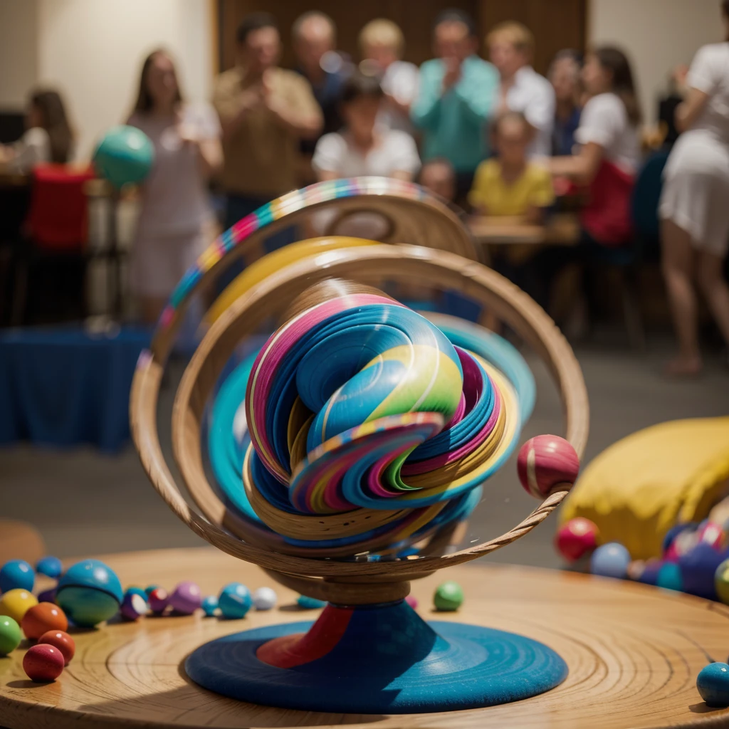 (Motion Blur) A spinning top twirls on a table, the many colorful shapes on it seem to blend together in the motion blur