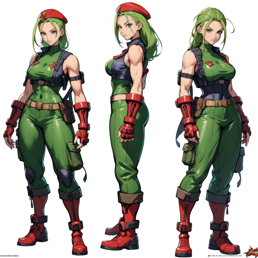 three different poses of a woman in a red hat and green shirt, cammy, video game characters designs, official character art, fighting game character, video game character design, character artwork, video game character art, official concept art, ( ( character concept art ) ), high quality character design, character art the contra, full character concept art, cushart kenz