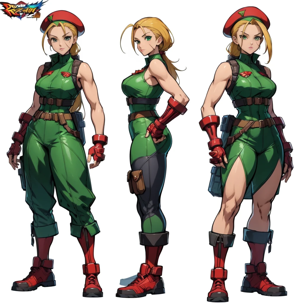 masterpiece, best quality, highres, 1girl, cammy white, twin braids, long hair, blonde hair, antenna hair, beret, (red headwear:1.3), blue eyes, scar on cheek, green leotard, large breasts, sleeveless, red gloves, fingerless gloves, camouflage, cowboy shot, standing, outdoors, arms at sides, straight-on, ((character sheet:1.5, turnaround))