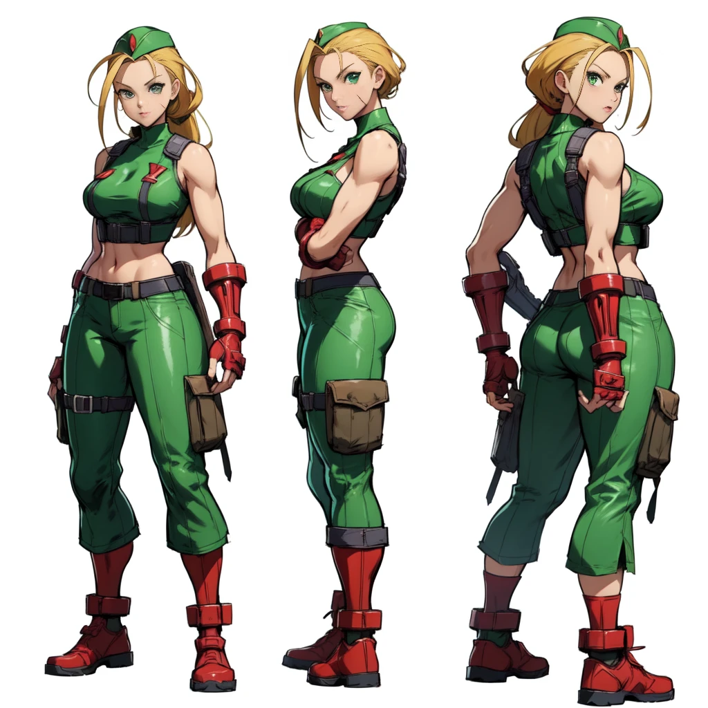 three different poses of a woman in a red hat and green shirt, cammy, video game characters designs, official character art, fighting game character, video game character design, character artwork, video game character art, official concept art, ( ( character concept art ) ), high quality character design, character art the contra, full character concept art, cushart kenz