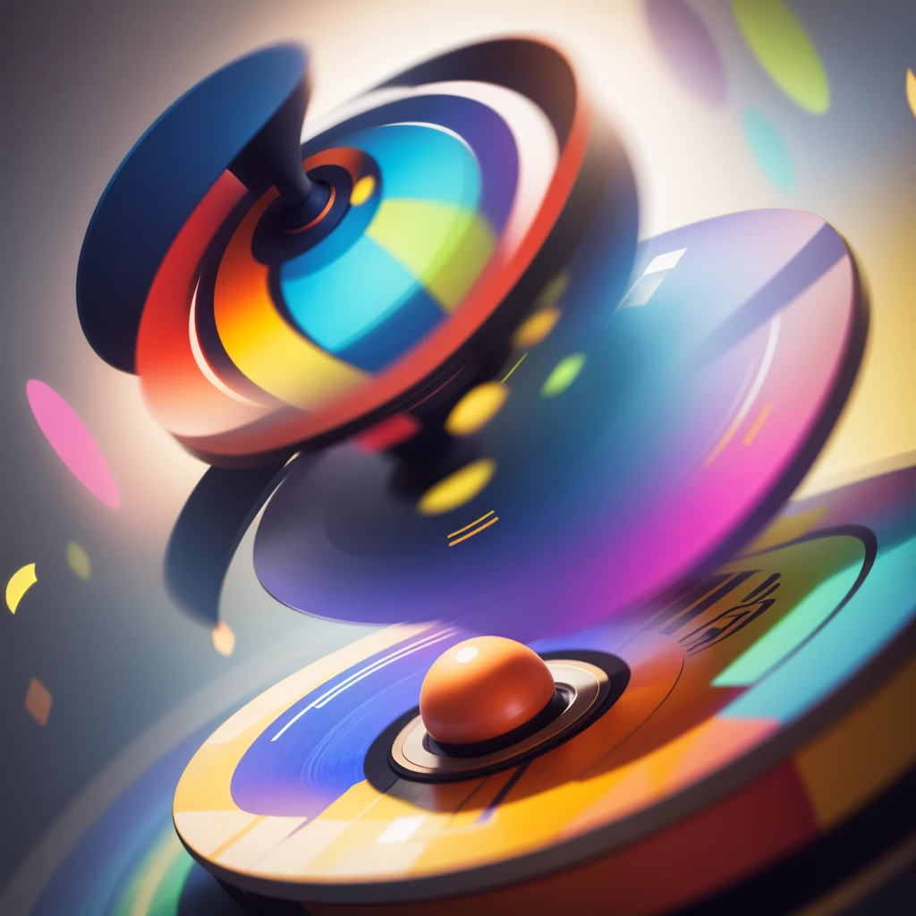 (Motion Blur) A spinning top twirls on a table, the many colorful shapes on it seem to blend together in the motion blur