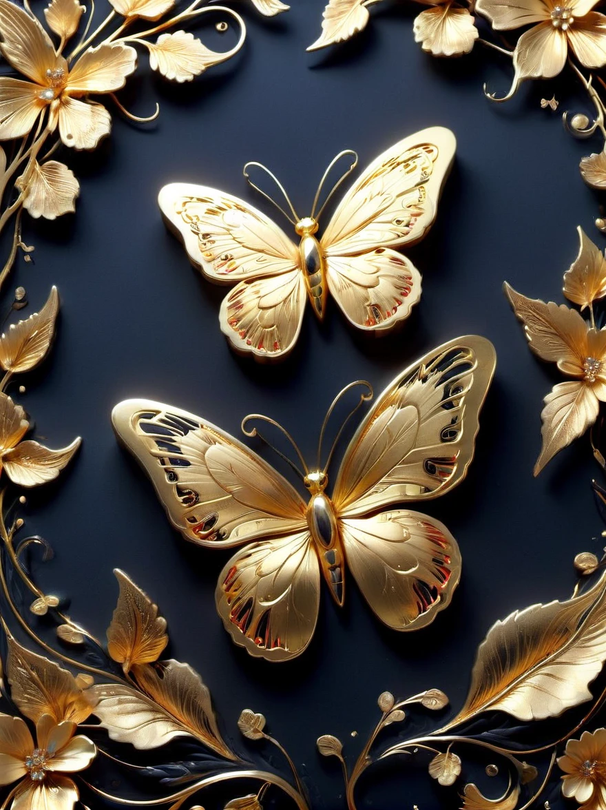 (Gold Leaf Art:1.5), Close-up of the nail design showing the intricate golden butterfly pattern,Soft gold tones,exquisite details,Complexity,Sophistication,lifelike,Its artistry is similar to logos associated with premium brands,暗示着魅力和美丽世界中普遍存在的精湛工艺和Complexity,This perspective allows viewers to take a close look at the miniature world of nail art,Emphasizing the dexterity of artisans and the overall charm of the beauty industry。
