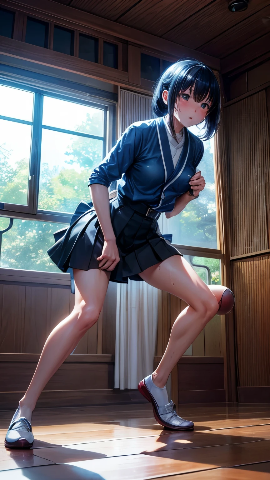 full body, earring, medium hair, medium tits, tearful mole, school_uniform, sailor uniform, sleeveless, school, classroom,