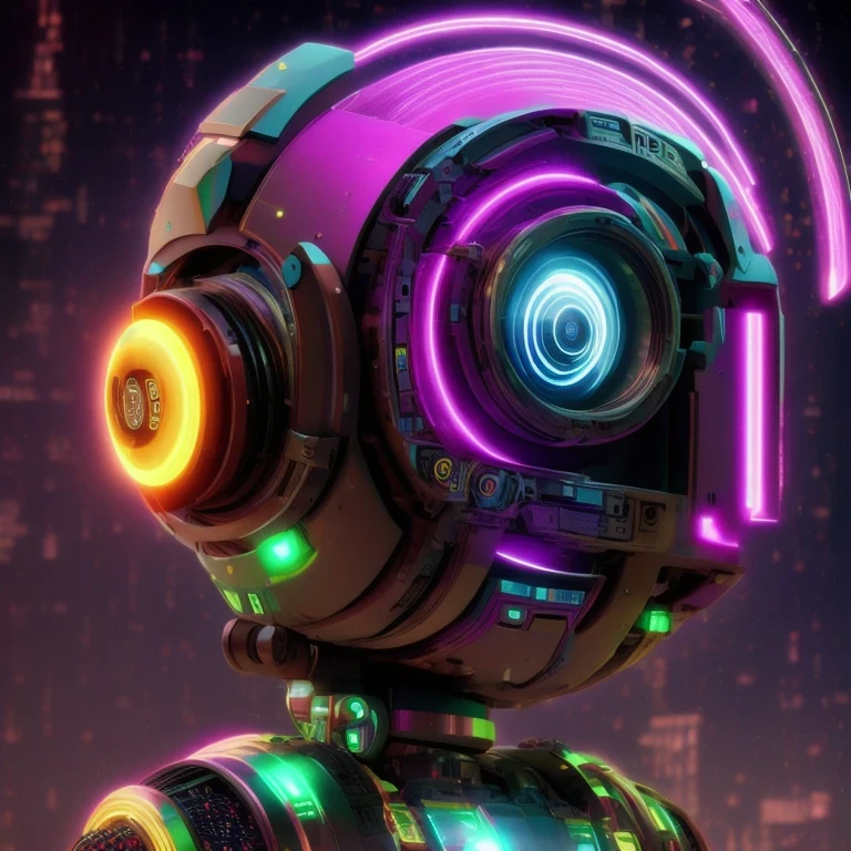 （（（Side view）））side close-up，a close up of a robot with a glowing head and a purple background, cyber mech, in style of beeple, cyberpunk pikachu, style hybrid mix of beeple, 3 d render beeple, cute elaborate epic robot, beeple masterpiece, cyberpunk art style, yellow mech, beeple!!, cyber steampunk 8 k 3 d（（（future）））（Telephoto angle of view）（Tilt-Shift）