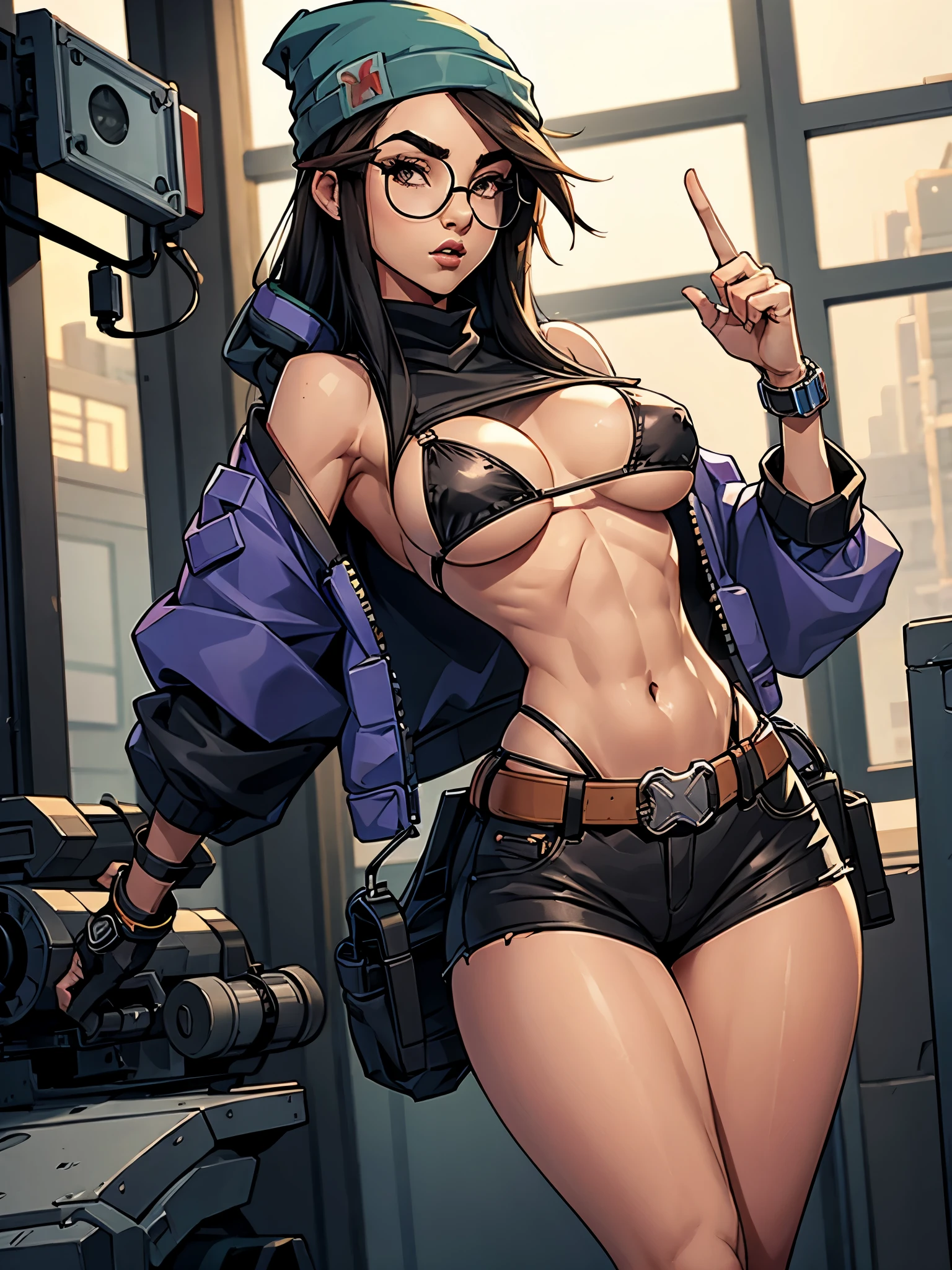 beanie,belt,big breasts,cybernetics,g-string,glasses,high tagia,jacket,micro bikini,revealing clothes,skimpy,visible breasts