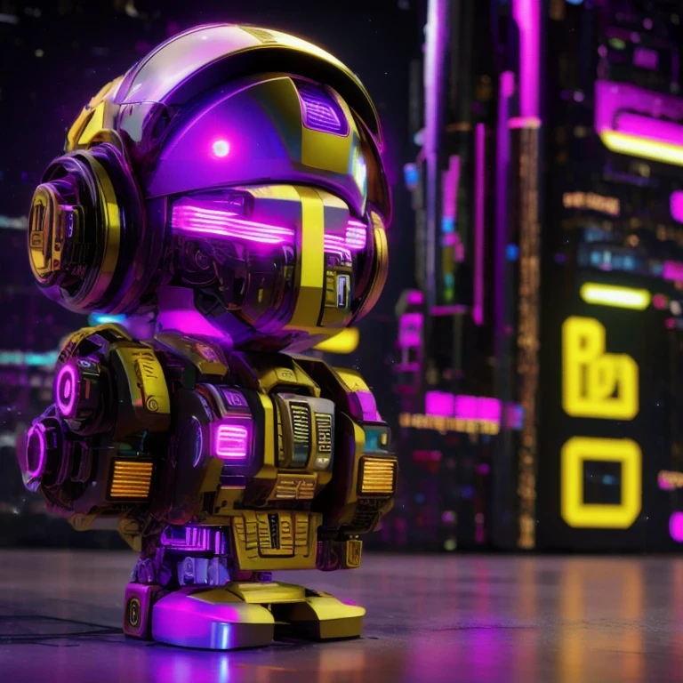 （（（Side view）））side close-up，a close up of a robot with a glowing head and a purple background, cyber mech, in style of beeple, cyberpunk pikachu, style hybrid mix of beeple, 3 d render beeple, cute elaborate epic robot, beeple masterpiece, cyberpunk art style, yellow mech, beeple!!, cyber steampunk 8 k 3 d（（（future）））（Telephoto angle of view）（Tilt-Shift）