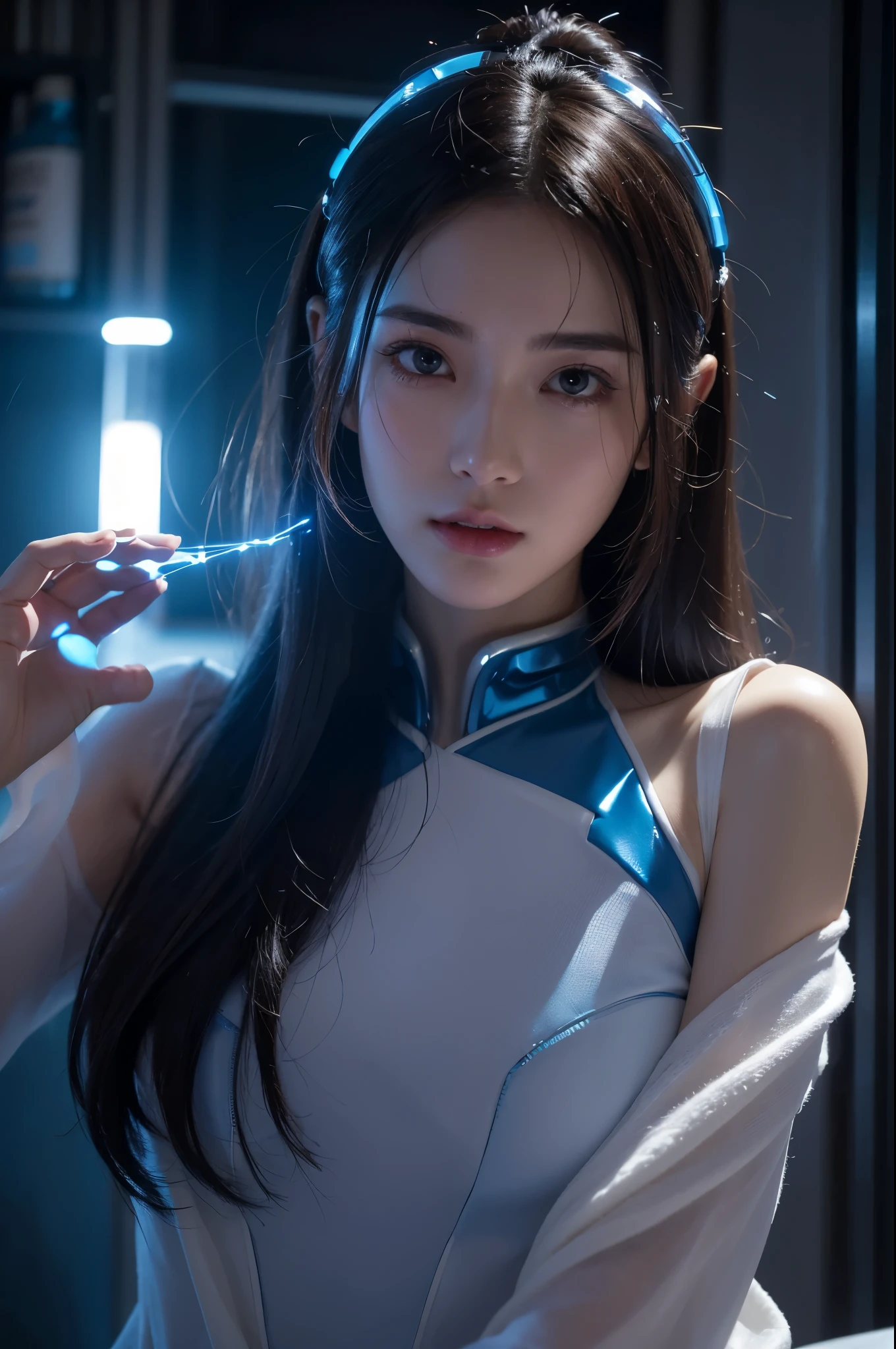 8K,(looking at camera), master's work, complete figure, focusing on calves, 18 years old, wearing transparent science fiction clothes, exquisite faces, details, hands, ultimate details, amazing magnificent, LED internal lighting, Cyberpunk style, fiber fiber hair , Glowing blue iris,