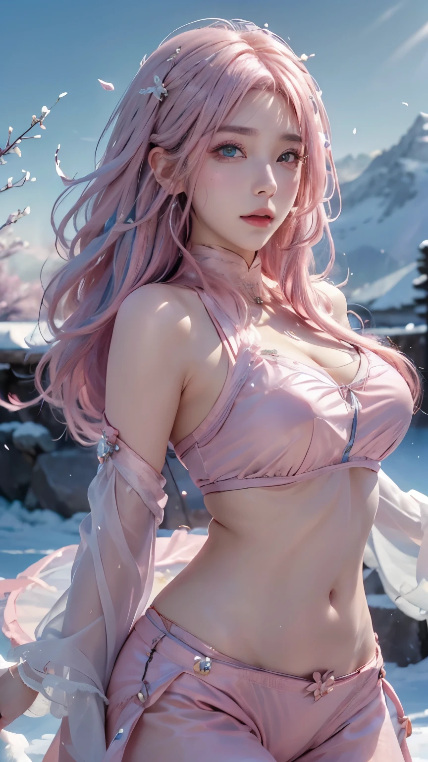 (logo、masterpiece、8k、table top、RAW photo、wonderful、最high quality、Photorealistic and hvery detailed CG integrated 8k wallpaper、high quality、very detailed、Narrative poem、particle effects、dynamic effects、written boundary depth、cinematic light、Lens flare、ray tracing)、fantasy、 (1 beautiful woman、light pink hair、beautiful face、real face、beautiful detailed eyes、beautiful skin、woman dancing gracefully:1.7、woman dancing gracefully:1.7)、Hair flutters in Wind、hair bouncey hair dances in the wind、hair jump、halter neck、leather pants、leather jacket、silver earrings、night、Wind、darkness、snow and hoarfrost、very cold winter day、snow-capped mountainや森、hoarfrost、snow-capped mountain々、The beauty and brilliance of frost-covered trees、Serenity and beauty meadow of ice and snow world、vast land、Lakeside、wonderful scenery、Beautiful natural wind scenery、night sky、Wind、cherry blossoms、cherry blossomsの花びらが舞っている、SakuraFubuki、falling petals