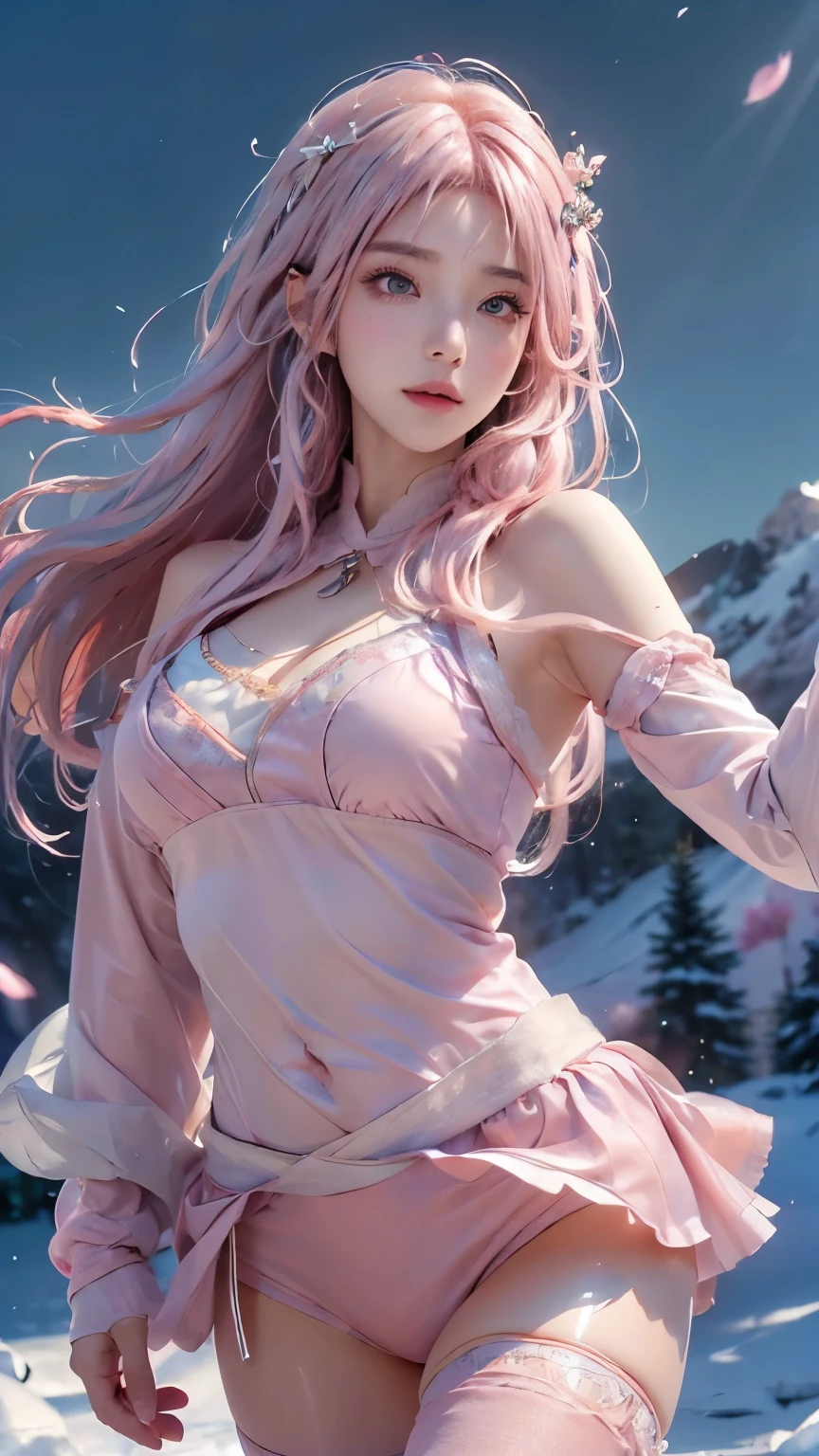 (logo、masterpiece、8k、table top、RAW photo、wonderful、最high quality、Photorealistic and hvery detailed CG integrated 8k wallpaper、high quality、very detailed、Narrative poem、particle effects、dynamic effects、written boundary depth、cinematic light、Lens flare、ray tracing)、fantasy、 (1 beautiful woman、light pink hair、beautiful face、real face、beautiful detailed eyes、beautiful skin、woman dancing gracefully:1.7、woman dancing gracefully:1.7)、Hair flutters in Wind、hair bouncey hair dances in the wind、hair jump、halter neck、leather pants、leather jacket、silver earrings、night、Wind、darkness、snow and hoarfrost、very cold winter day、snow-capped mountainや森、hoarfrost、snow-capped mountain々、The beauty and brilliance of frost-covered trees、Serenity and beauty meadow of ice and snow world、vast land、Lakeside、wonderful scenery、Beautiful natural wind scenery、night sky、Wind、cherry blossoms、cherry blossomsの花びらが舞っている、SakuraFubuki、falling petals