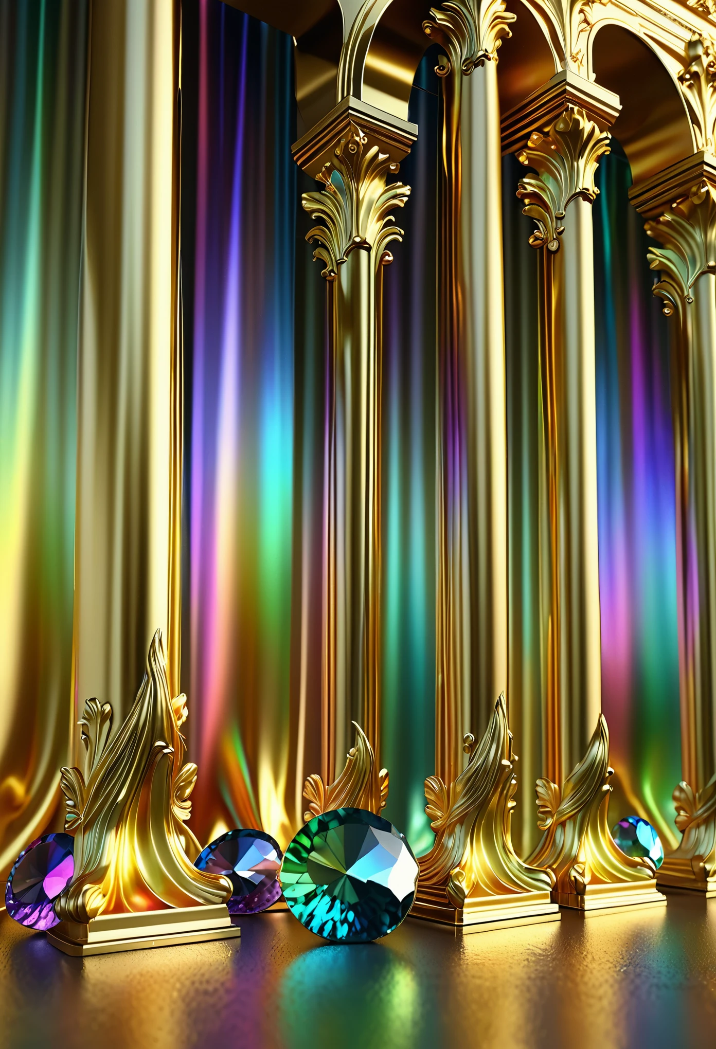 best quality, super fine, 16k, RAW photo, photorealistic, incredibly absurdres, extremely detailed, delicate, flashy and dynamic depiction, the translucent gemstone pillars, the iridescent rainbow-colored light reflecting off the screen, and the gold leaf curtains hanging from them swaying in the wind, wind, wind-effect, motion-blur, blend art, mixture art, design art