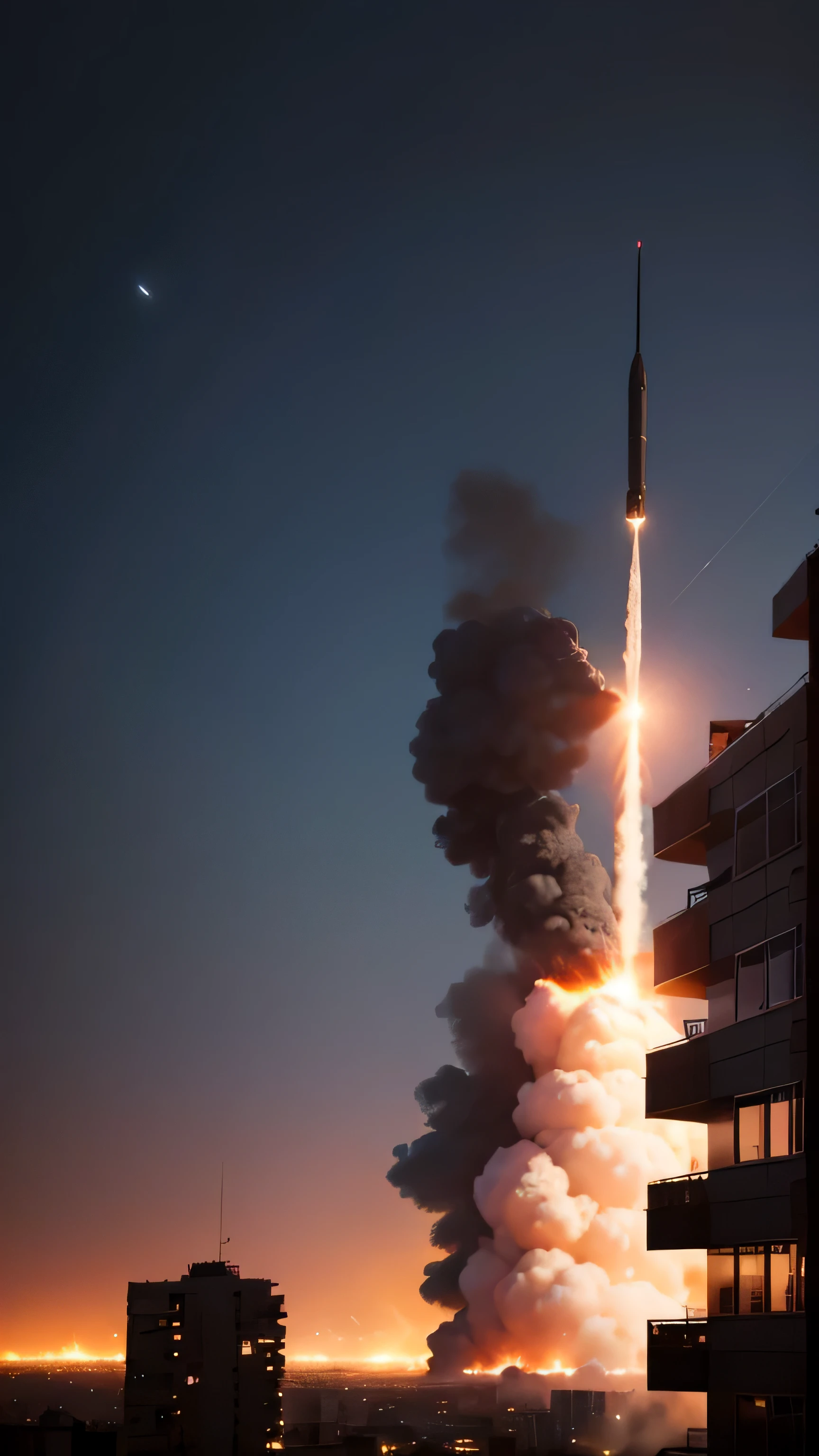 missile hits building, building burns, night sky, 8k