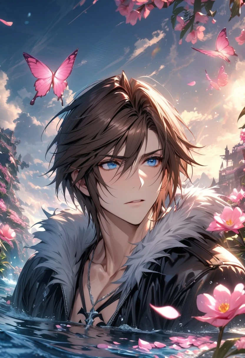 absurdres, highres, ultra detailed, HDR, masterpiece, Squall Leonhart, brown hair, expressive blue eyes, Final Fantasy, 1man, handsome, water, pink petals, pink flowers, pink butterflies