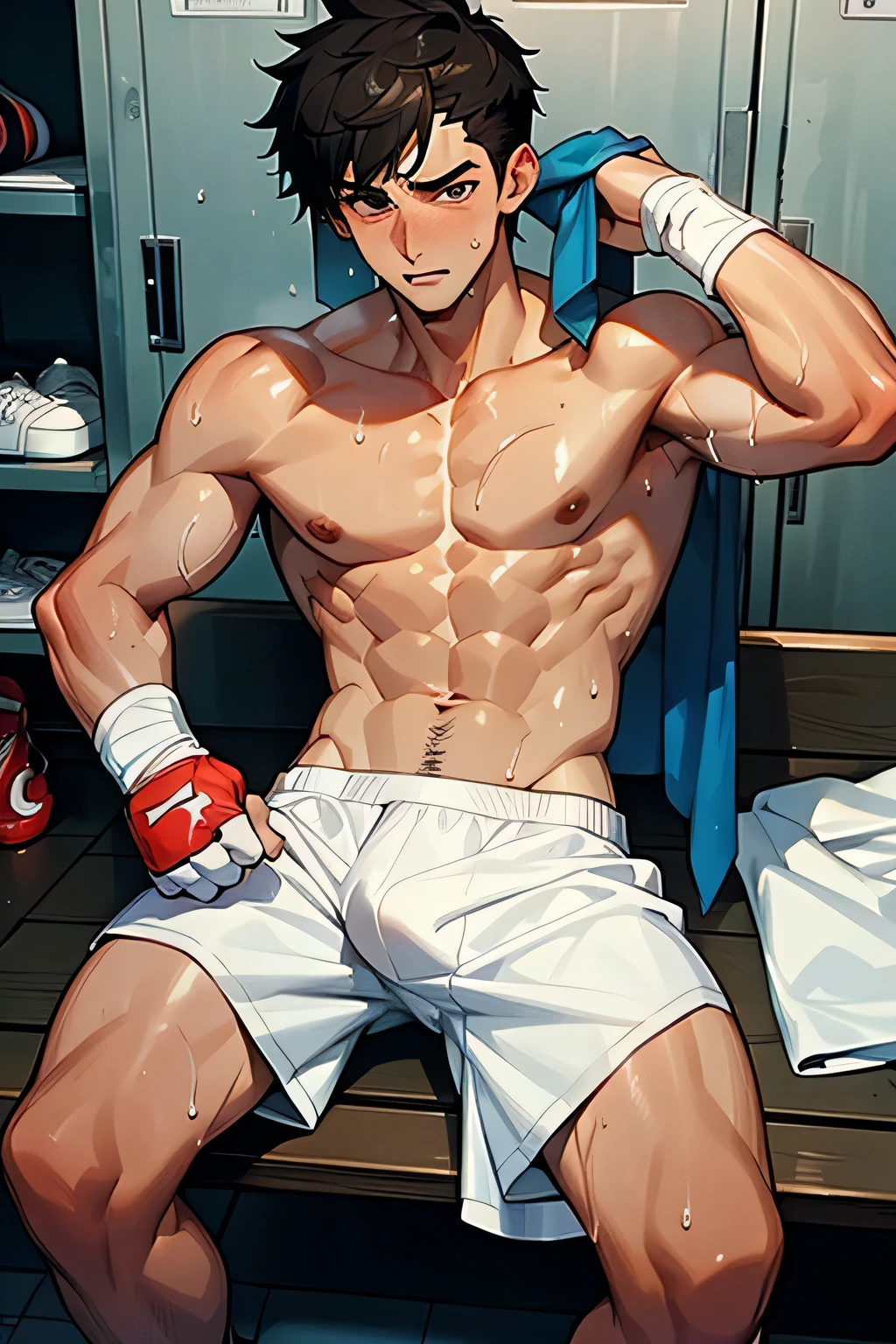 shirtless, super muscular, sweat-drenched body, dripping with sweat, 22-year old short black hair handsome caucasian male wearing sweat-drenched white boxing shorts and boxing shoes, panting, sitting on the bench, very exhausted, drenched with sweat, towel, bottled water, in the locker room
