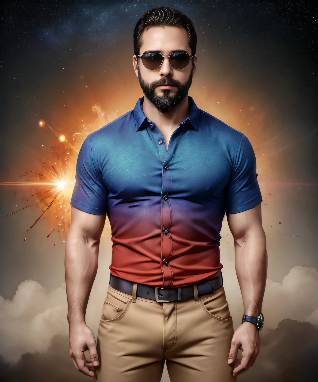 Obra maestra, desenfoque de campo, Parte superior del cuerpo, Hands in pants pockets, 38 year old man with beard and square sunglasses. Man wearing a shirt with a color gradient in the space movie with a solar  explosion in the background.