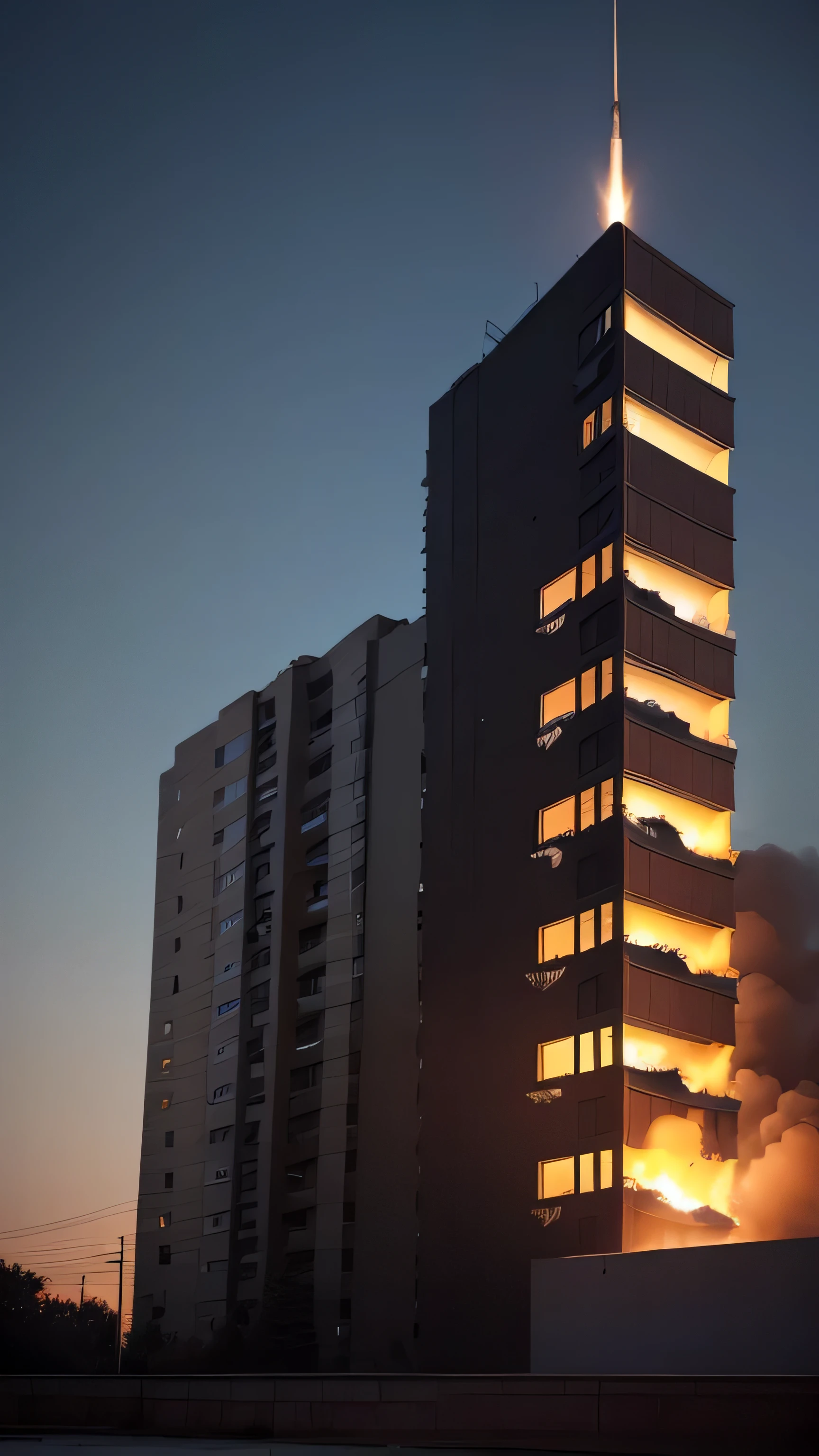 missile shooting building, building burns, night sky, 8k