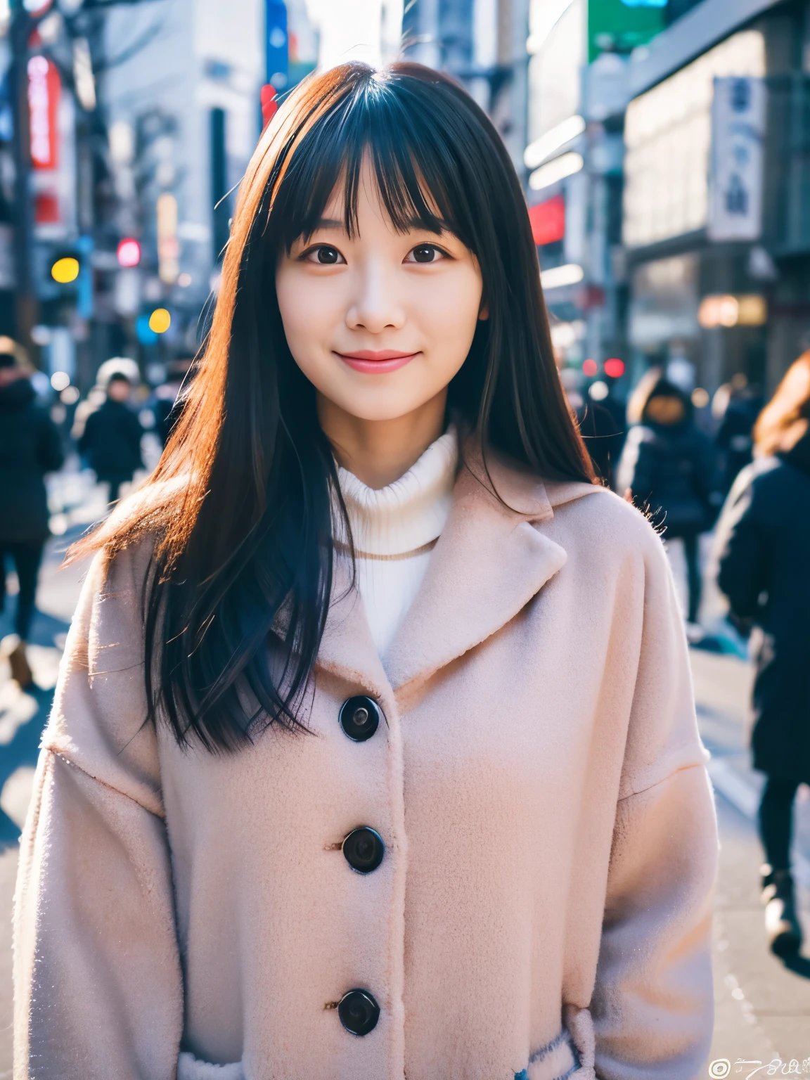 photorealistic, 8k full-length portraits, Beautiful woman, A charming expression, Clear system, 20-year-old, Tokyo, winter, Shibuya in the background