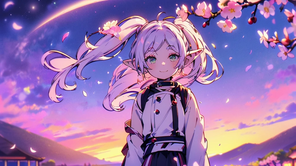 ((highest quality, super detailed woman:1.3)),(White hair,elfs ears,green eyes,shining eyes,small,small Rounded eyebrows ,long twin tail:1.2),(landscape photography:1.2), (highly detailed background:1.2),(lonely smile, ennui, look up, cherry blossoms, cherry blossom petals are scattered, standing, midnight, moon:1.3),(1 girl,Solo:1.3)