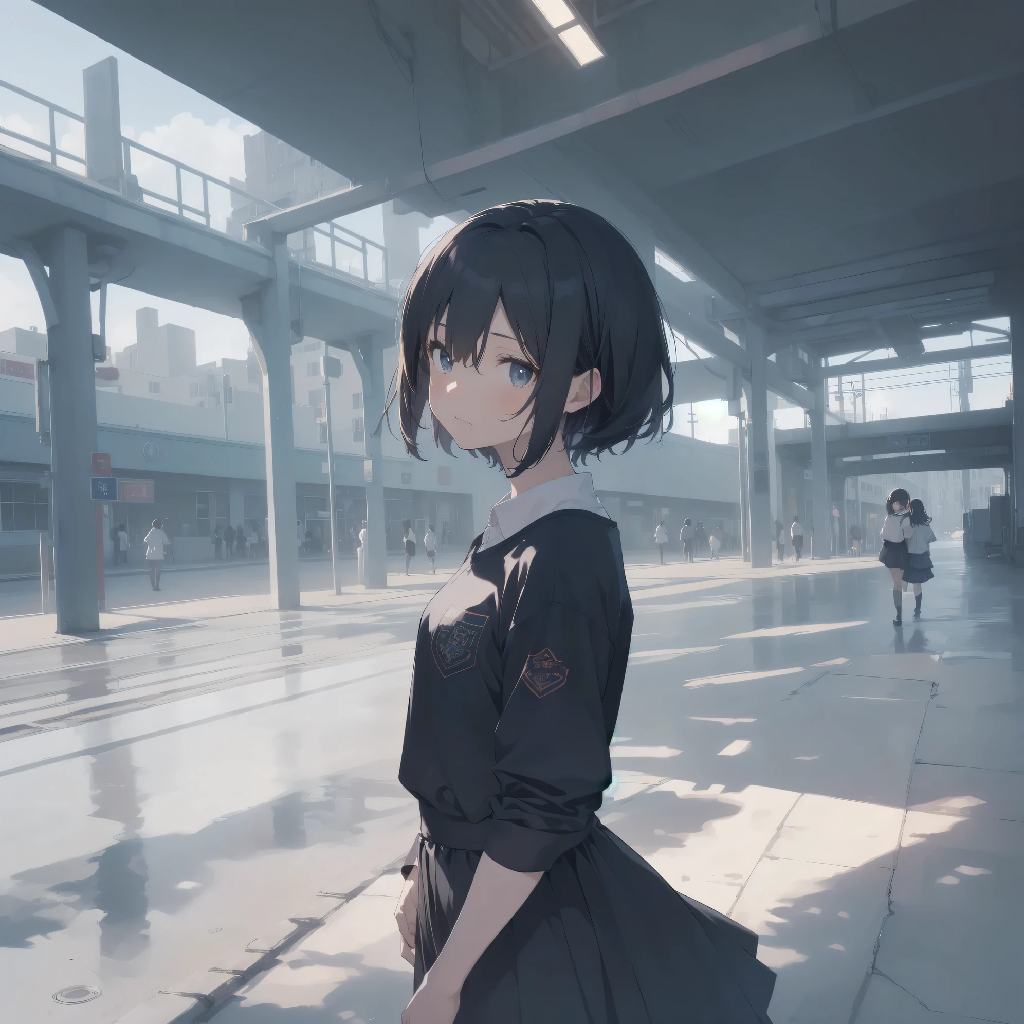 ultra-absurdres-Top quality by artist God, ultra-detailed, high resolution, anime moe artstyle, best anime 8k konachan wallpaper, pixiv contest winner,pool:2810, perfect ???????,break, 1girl, (Please draw a girl walking sleepily to school alone. )break,(Solo,little female, 13-year-old:1.3),Full limbs, complete fingers,a junior high school student,  (very short hair), short cut, flat chest, , small butt, small black eyes, beautiful detailed eyes, well-proportioned iris and pupils, expressive eyes, highres detailed hair, soft expression, school_uniform, official_alternate_costume, pleated skirt,(Detailed Lighting), (Detailed background), in the School commute route. break,super detailed skin, Best cinematic lighting powered by famous artist, 8k,beauty illustration,photoshop_(medium),very aesthetic,break,((artist:yaegashi_nan )), artist:akinashi yuu ,artist:oyari ashito ,artist:kantoku ,
