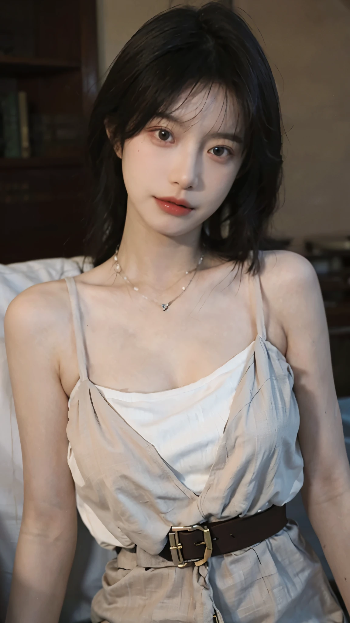 Film portrait photography, 1 girl, bare shoulders,lipstick，（flat chest：1.4）， wear necklace，Big breasts，Cute expression,Exquisite makeup，Red suspenders，serene, calm, (Realistic and detailed eyes, natural skin texture, Realistic facial details), Soft dramatic lighting, depth of field, Bokeh, Vibrant details, Detailed and detailed, surreal, 35mm film, hazy, ,