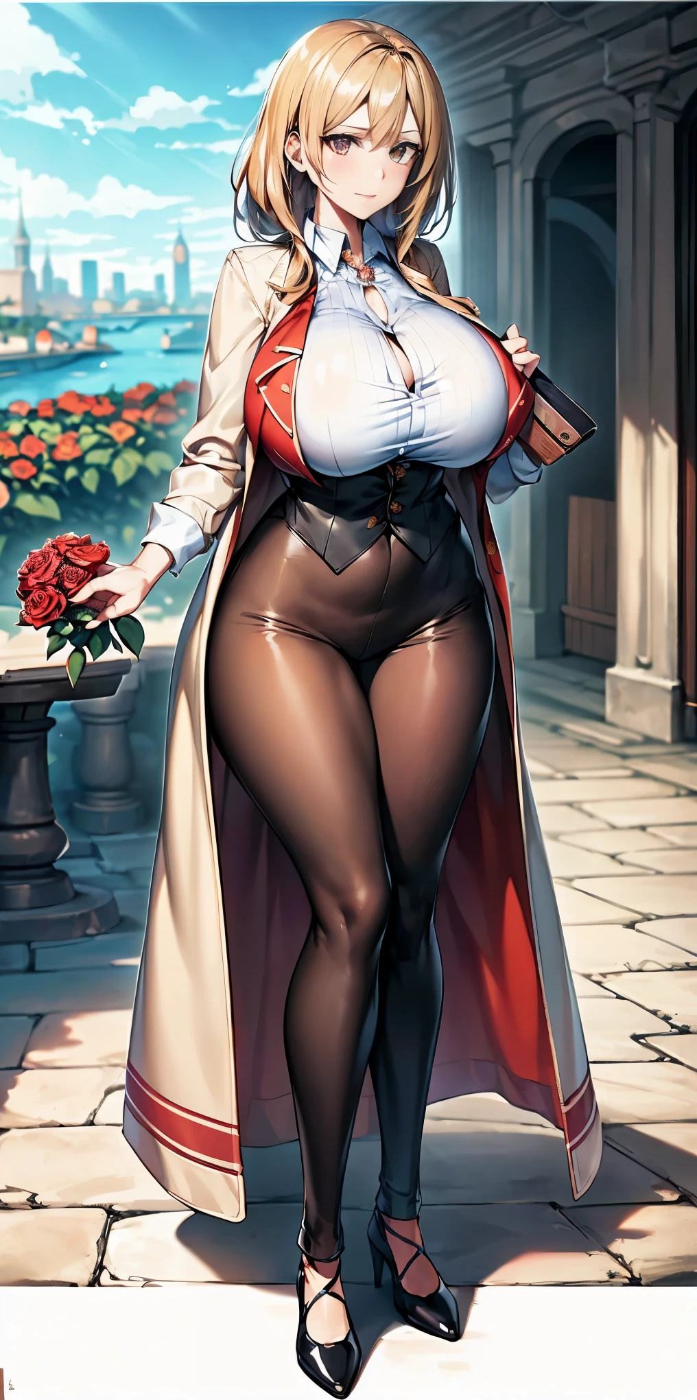 FEMALE, big breasts, voluminous breasts, curvy breasts, mesh stockings, standing with a bouquet (red roses), full height, bottom view, best quality, very detailed, ultra 8k resolution,huge breast, coat , vest, long skirt, portrait, full body, victorias clothing, long dress, knight, pants, black skinn suit, medieval city, plants, vest,polo shirt, forest, long skirt