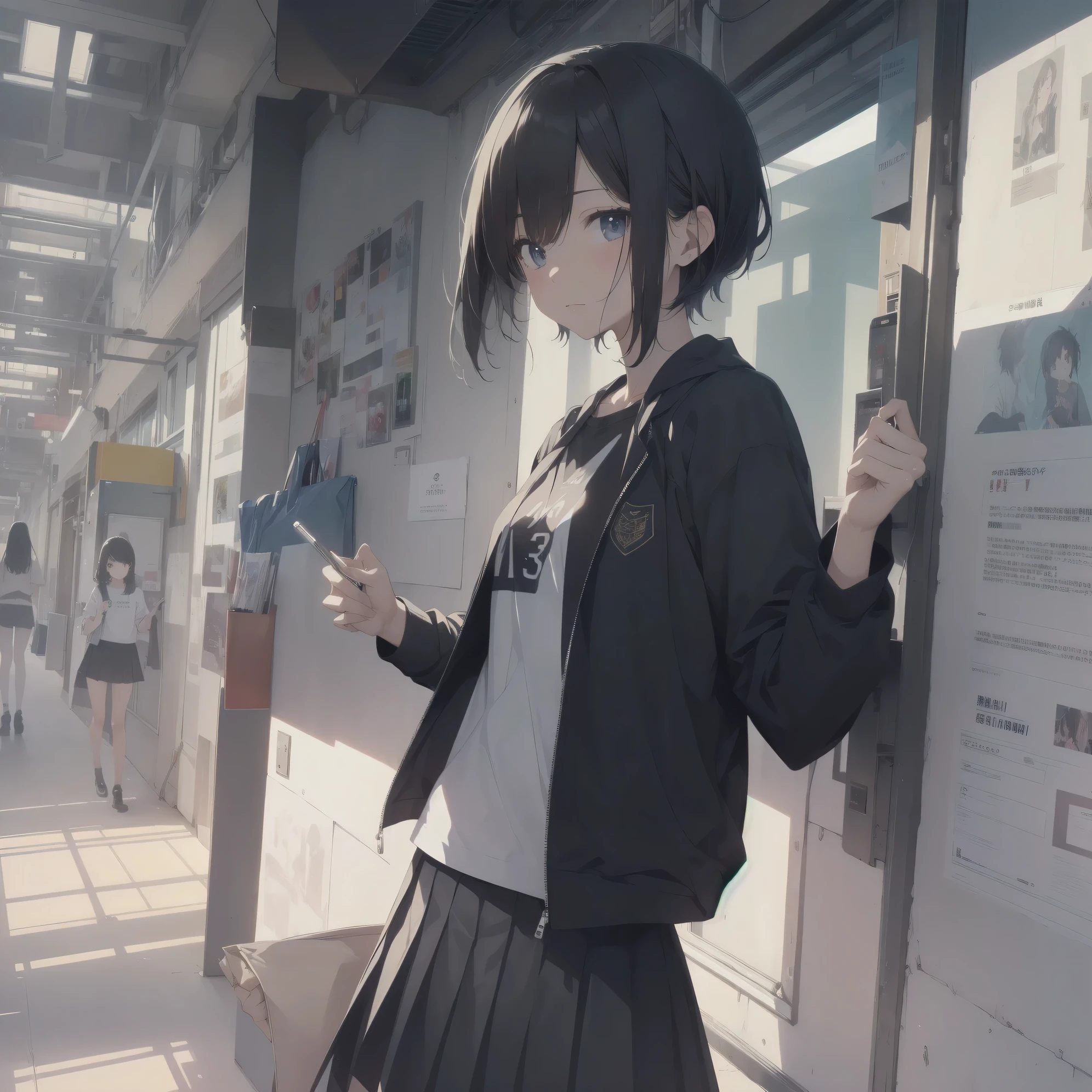 ultra-absurdres-Top quality by artist God, ultra-detailed, high resolution, anime moe artstyle, best anime 8k konachan wallpaper, pixiv contest winner,pool:2810, perfect anatomy,break, 1girl, (Please draw a girl walking sleepily to school alone. )break,(Solo,little female, 13-year-old:1.3),Full limbs, complete fingers,a junior high school student,  (very short hair), short cut, flat chest, , small butt, small black eyes, beautiful detailed eyes, well-proportioned iris and pupils, expressive eyes, highres detailed hair, soft expression, school_uniform, official_alternate_costume, pleated skirt,(Detailed Lighting), (Detailed background), in the School commute route. break,super detailed skin, Best cinematic lighting powered by famous artist, 8k,beauty illustration,photoshop_(medium),very aesthetic,break,((artist:yaegashi_nan )), artist:akinashi yuu ,artist:oyari ashito ,artist:kantoku ,