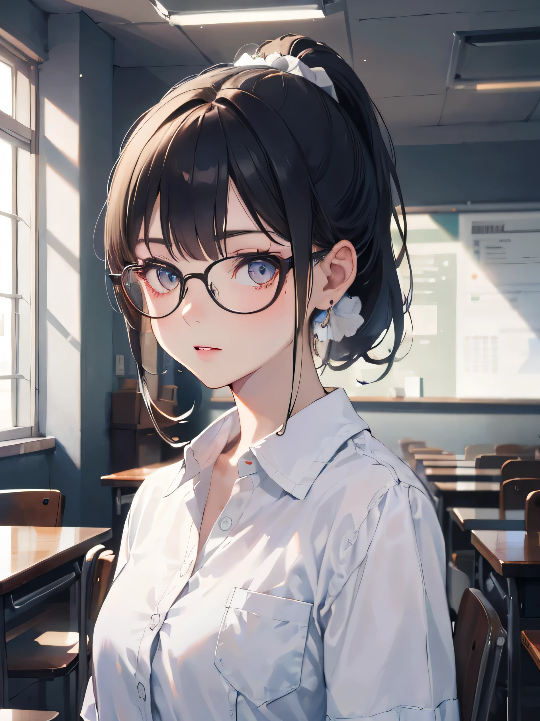 ((best quality)), ((masterpiece)), (detailed), perfect face, 1girl, long white Ponytail, White eyes, wearing Shirt And Jeans, glasses, Room class, absurdres, high detailed eyes and face, high res, High detail Finger, ultrasharp, 4K, masterpiece, photorealistic, High quality,