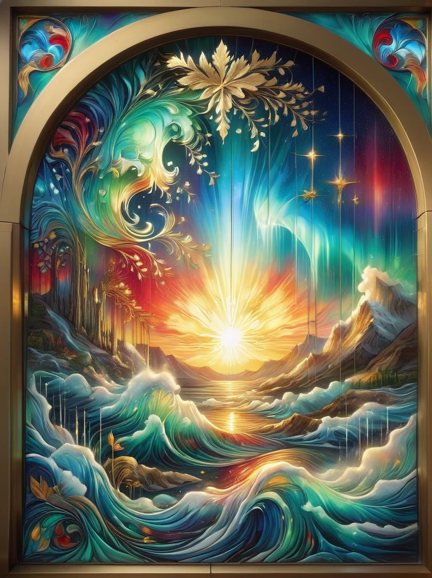 (Gold Leaf Art:1.5), An intricately designed stained glass window, vibrant with hues of reds, blues, yellows, and greens, that brings to life religious iconography, The window is awash in soft streams of golden sunlight, creating an ethereal aura around it, The composition's beauty is further heightened by the appearance of digital painting and the meticulously detailed brushwork.