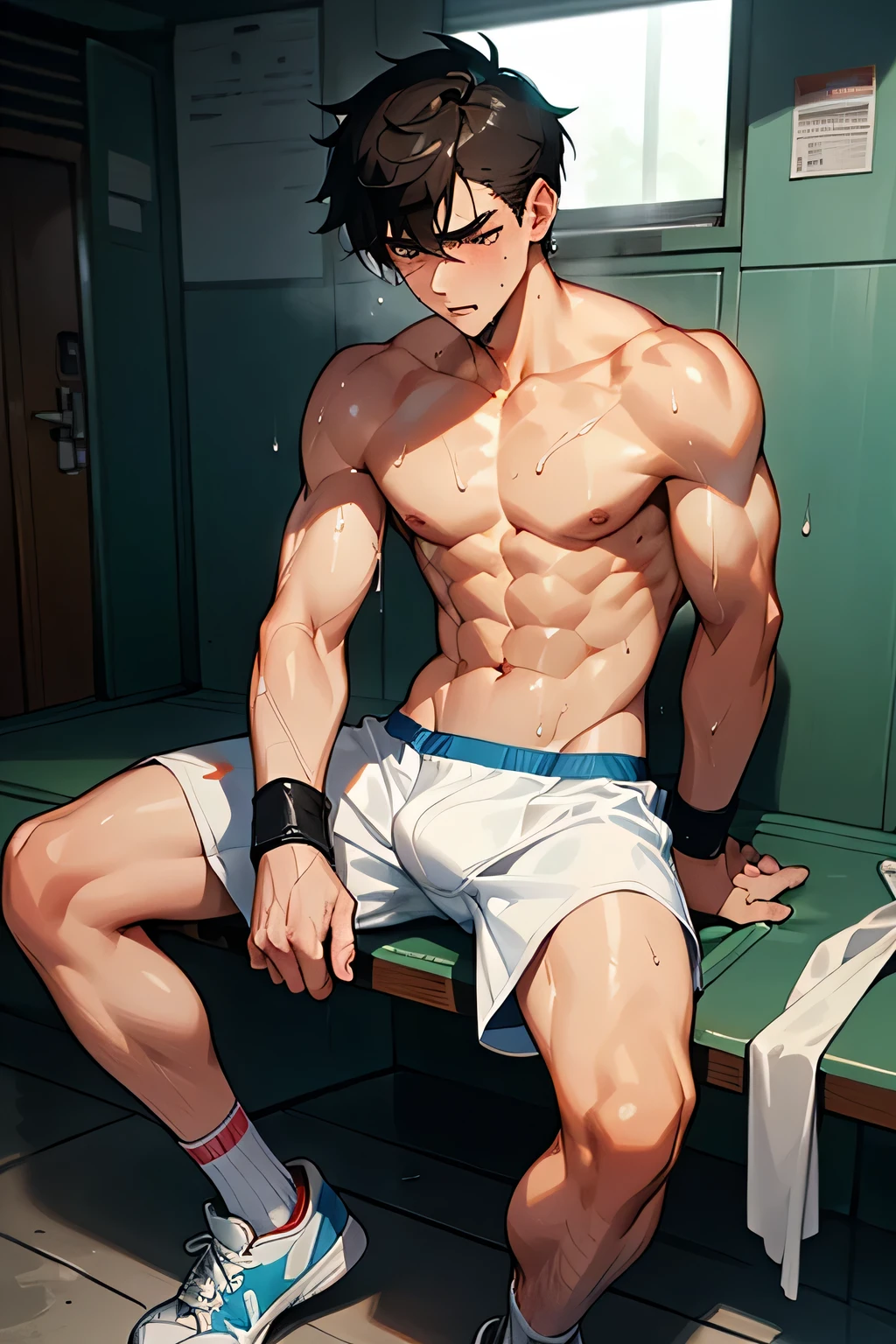 shirtless, super muscular, sweat-drenched body, dripping with sweat, 22-year old short black hair handsome caucasian male wearing sweat-drenched white boxing shorts and boxing shoes, panting, sitting on the bench, very exhausted, drenched with sweat, towel, bottled water, in the locker room