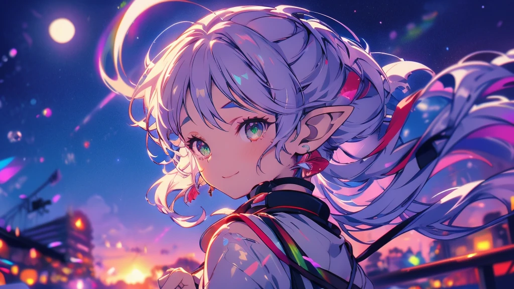 ((highest quality, super detailed woman:1.3)),(White hair,elfs ears,green eyes,shining eyes,small,small Rounded eyebrows ,long twin tail:1.2),(landscape photography:1.2), (highly detailed background:1.2),(lonely smile, ennui, look up, cherry blossoms, cherry blossom,standing, midnight, moon:1.3),(1 girl,Solo:1.3),from side