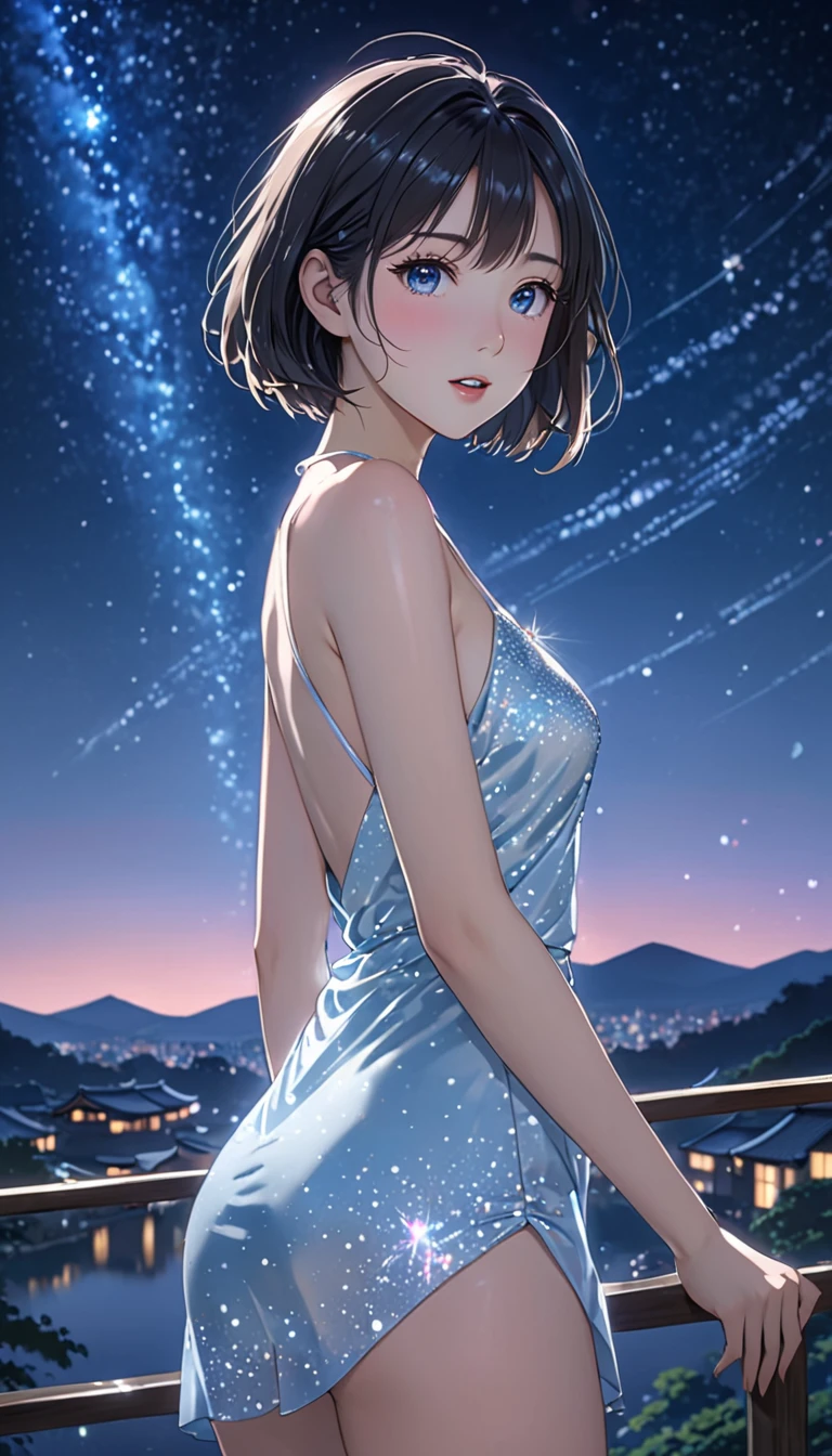 National Science Foundation,masterpiece,High resolution,digit,Kyoto Animation Style,your name movie style,Facing the camera,night,midnight,Light,(1 female: 1.3),(alone: 1.4),閃閃發Light的吊帶裙,Swarovski crystals on slip dress,long eyelashes,slender legs,short bob,sexy pose,close up,close view,night星空,Eyes as deep as the starry sky,Blushed,open mouth