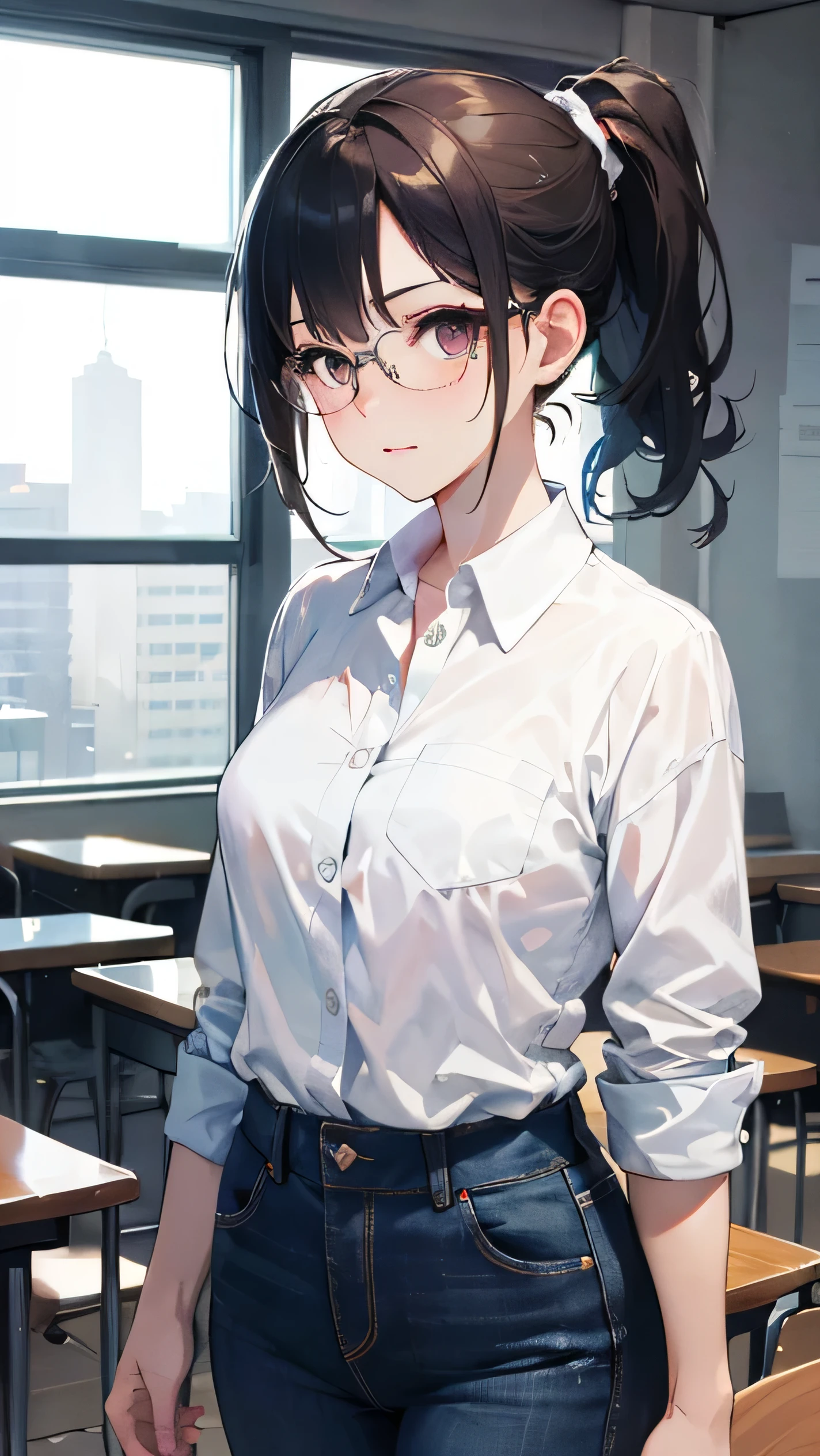 Anime girl with ponytail hair standing in a classroom with desks ...