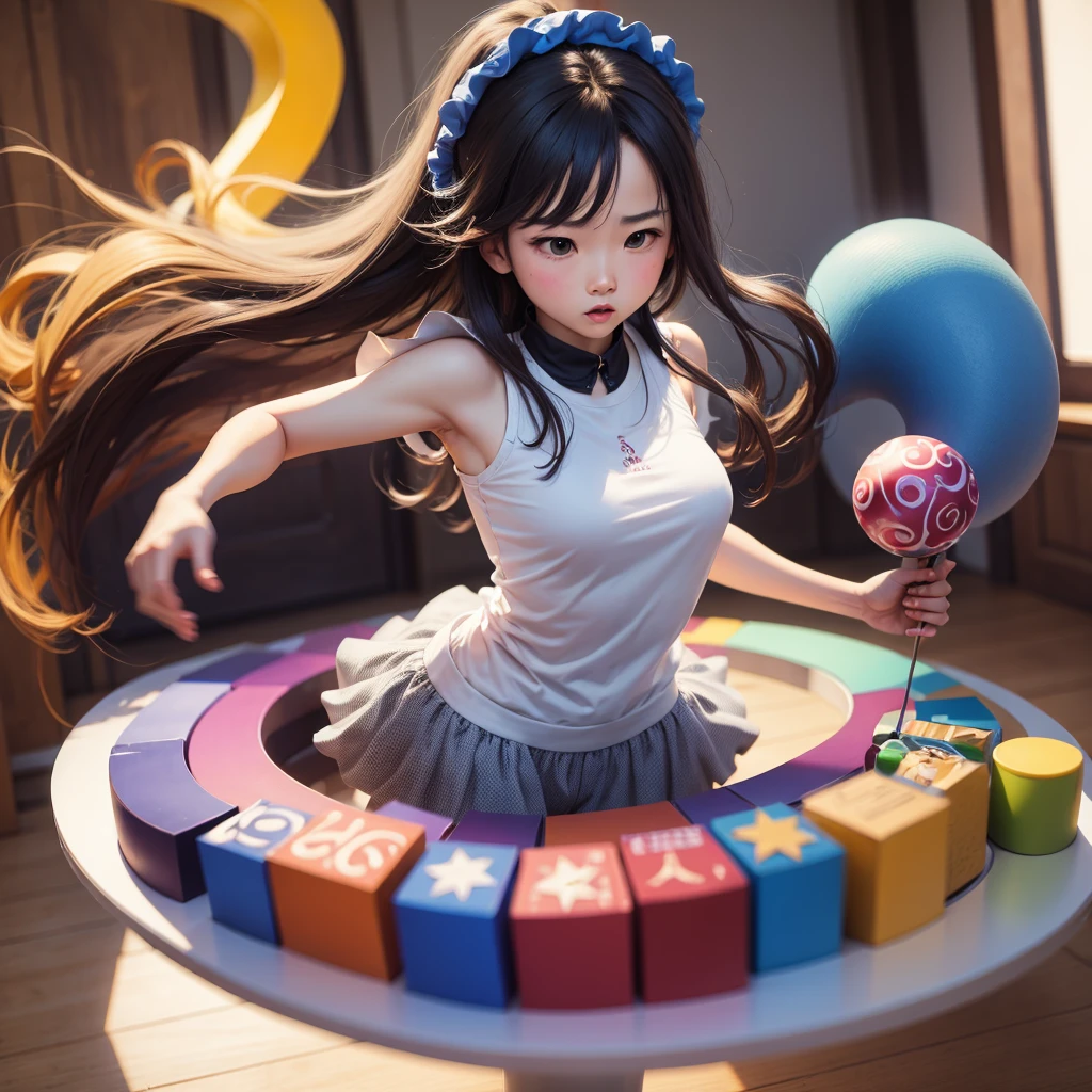 (Motion Blur) A spinning top twirls on a table, the many colorful shapes on it seem to blend together in the motion blur